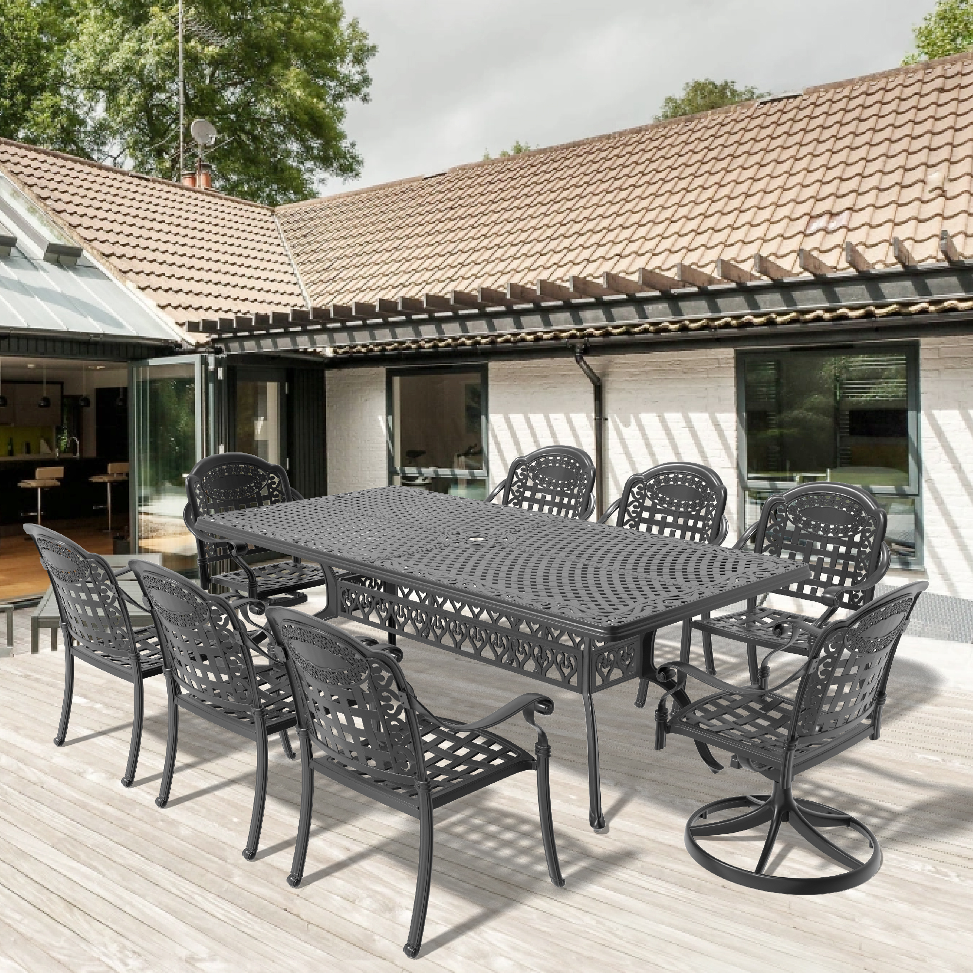 9-Piece All-Weather Cast Aluminum Dining Set, Include 2 Swivel Chairs,6 Dining Chairs and Rectangular Table With Black Frame (same sku:W1710S00390) - Image 2