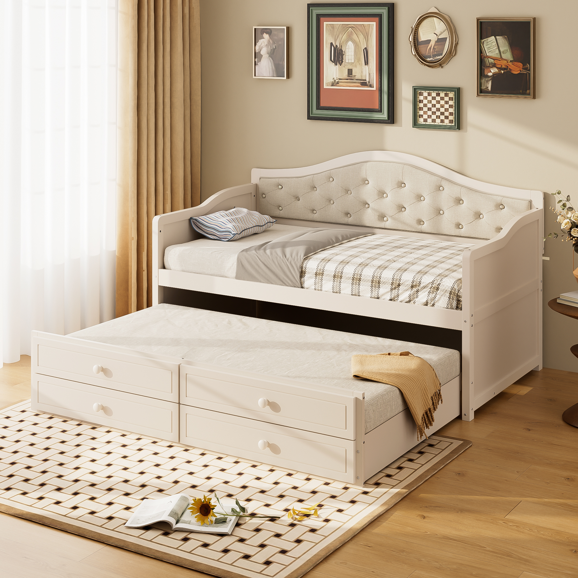 Twin Daybed with Trundle, Twin Size Daybed with 2 Storage Drawers, Wooden Sofa Bed with Upholstered Button Tufted Backrest for Living Room, Bedroom, Guest Room,Beige - Image 2