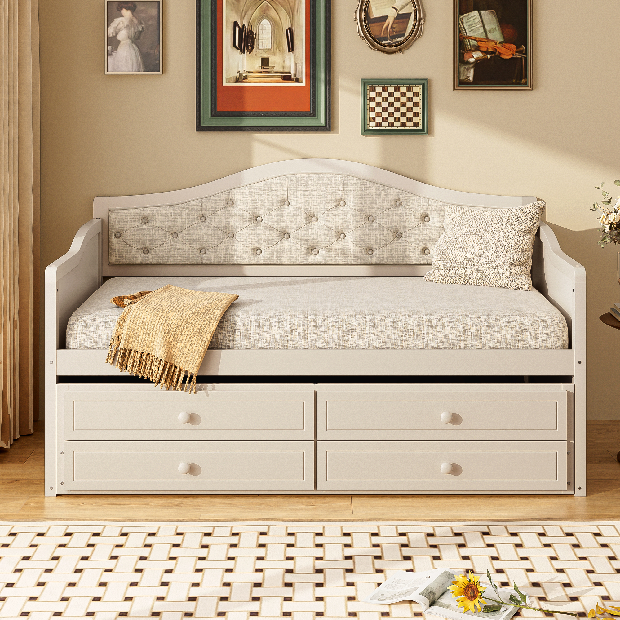Twin Daybed with Trundle, Twin Size Daybed with 2 Storage Drawers, Wooden Sofa Bed with Upholstered Button Tufted Backrest for Living Room, Bedroom, Guest Room,Beige - Image 3