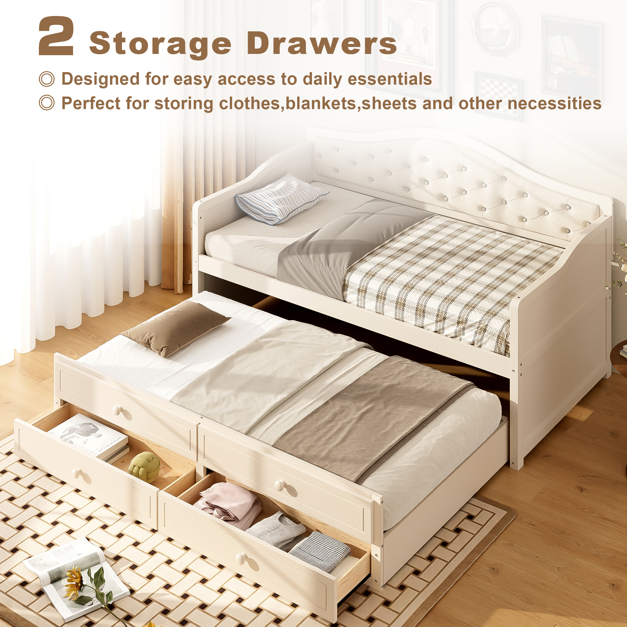 Twin Daybed with Trundle, Twin Size Daybed with 2 Storage Drawers, Wooden Sofa Bed with Upholstered Button Tufted Backrest for Living Room, Bedroom, Guest Room,Beige - Image 4