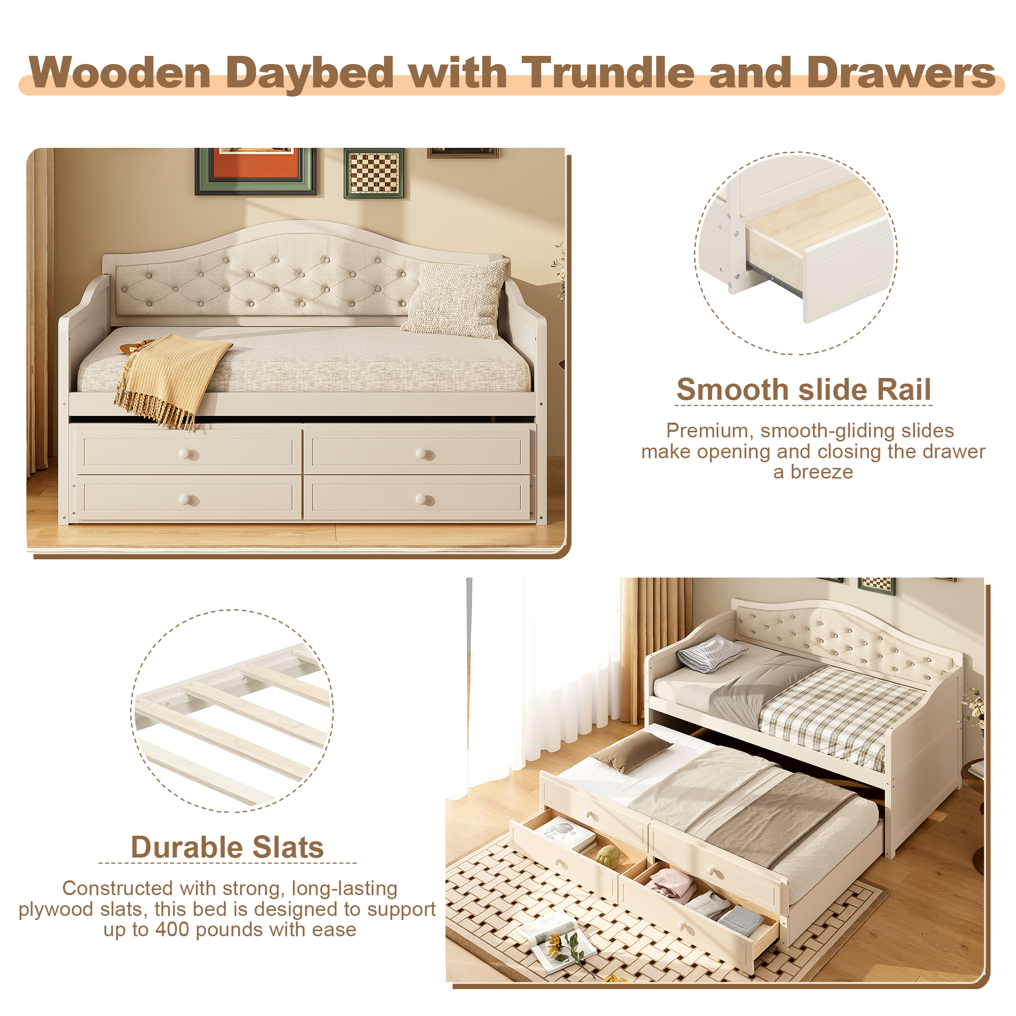 Twin Daybed with Trundle, Twin Size Daybed with 2 Storage Drawers, Wooden Sofa Bed with Upholstered Button Tufted Backrest for Living Room, Bedroom, Guest Room,Beige - Image 5