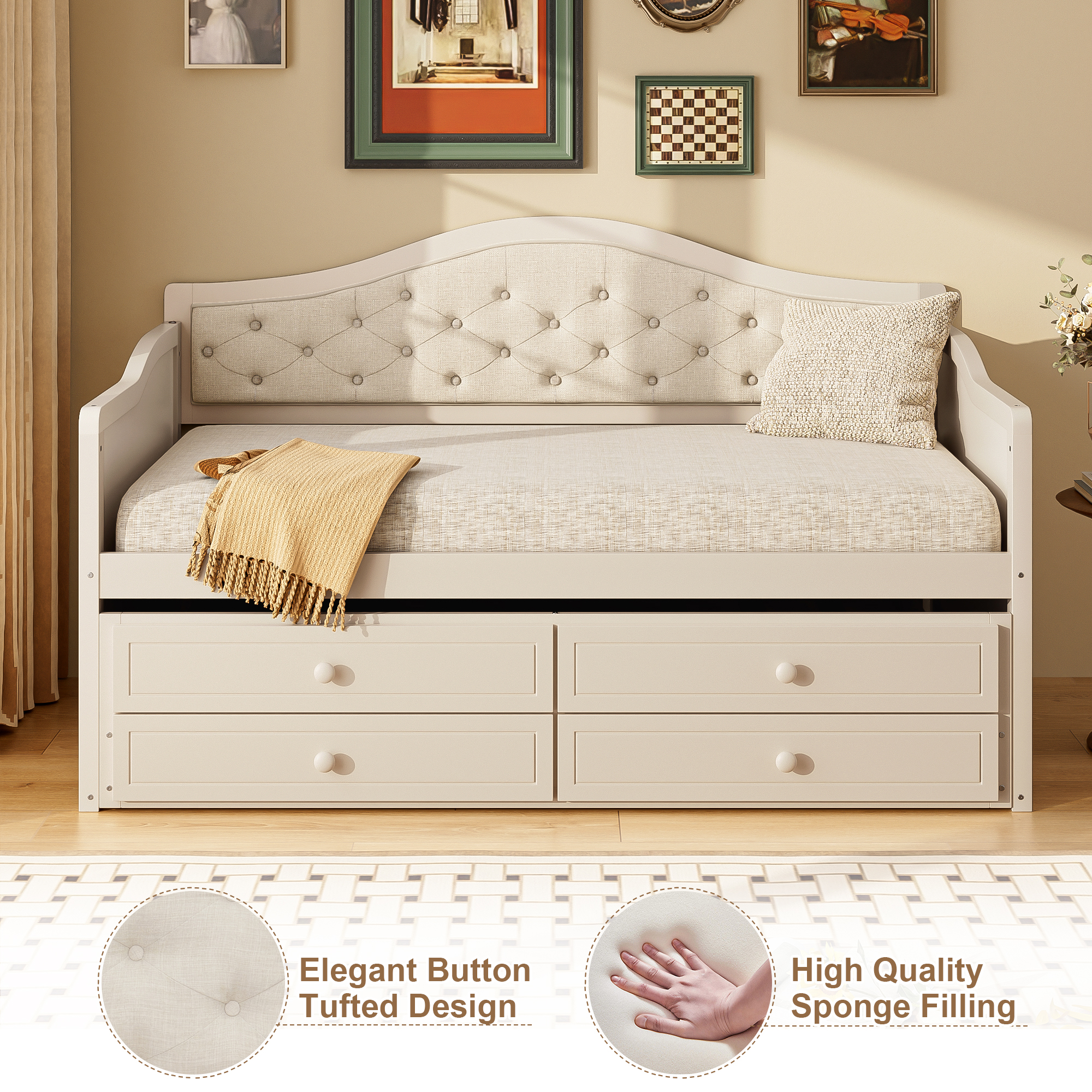 Twin Daybed with Trundle, Twin Size Daybed with 2 Storage Drawers, Wooden Sofa Bed with Upholstered Button Tufted Backrest for Living Room, Bedroom, Guest Room,Beige - Image 6