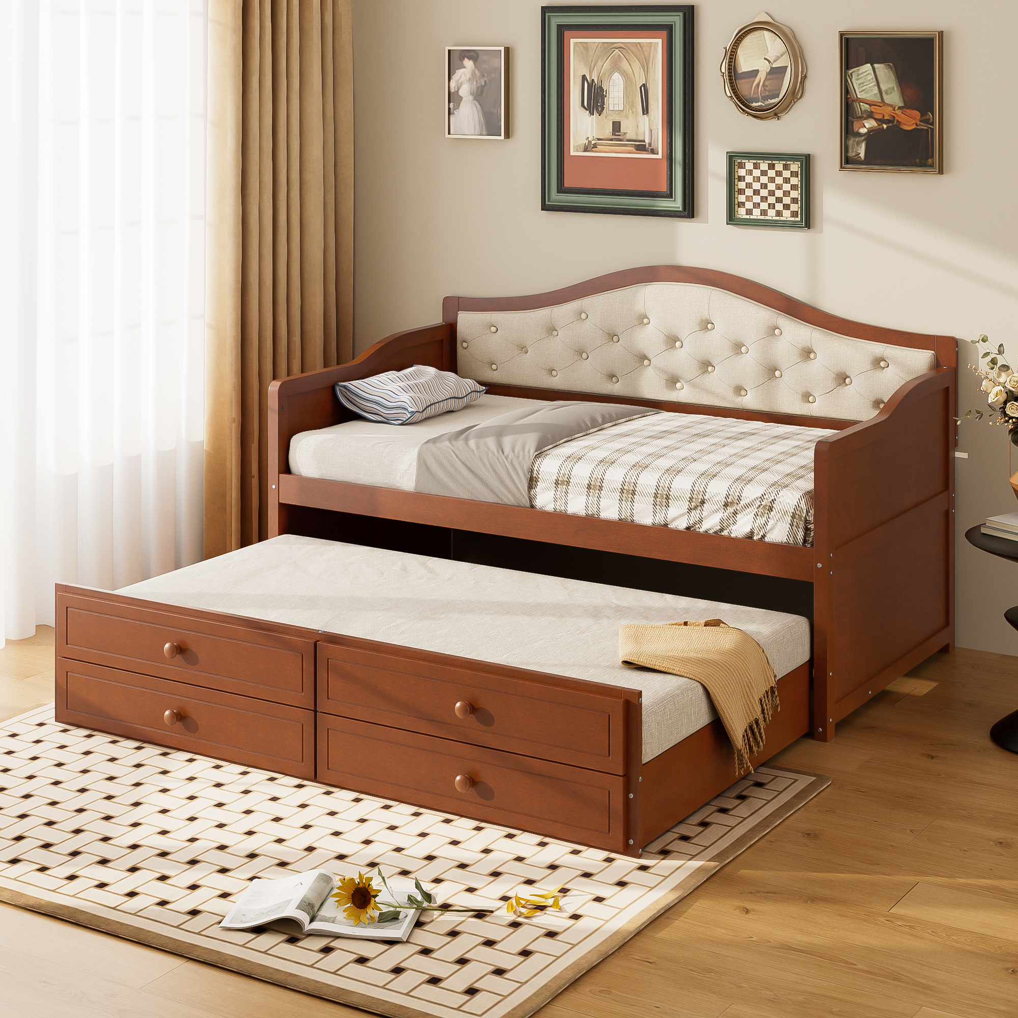 Twin Daybed with Trundle, Twin Size Daybed with 2 Storage Drawers, Wooden Sofa Bed with Upholstered Button Tufted Backrest for Living Room, Bedroom, Guest Room,Walnut - Image 2