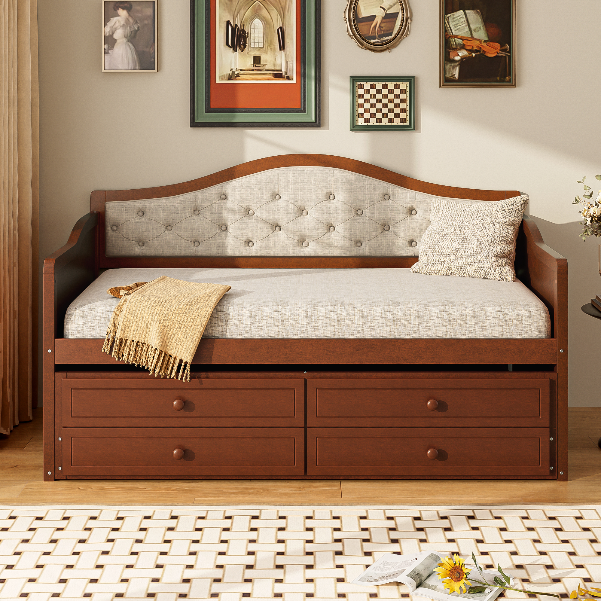 Twin Daybed with Trundle, Twin Size Daybed with 2 Storage Drawers, Wooden Sofa Bed with Upholstered Button Tufted Backrest for Living Room, Bedroom, Guest Room,Walnut - Image 3