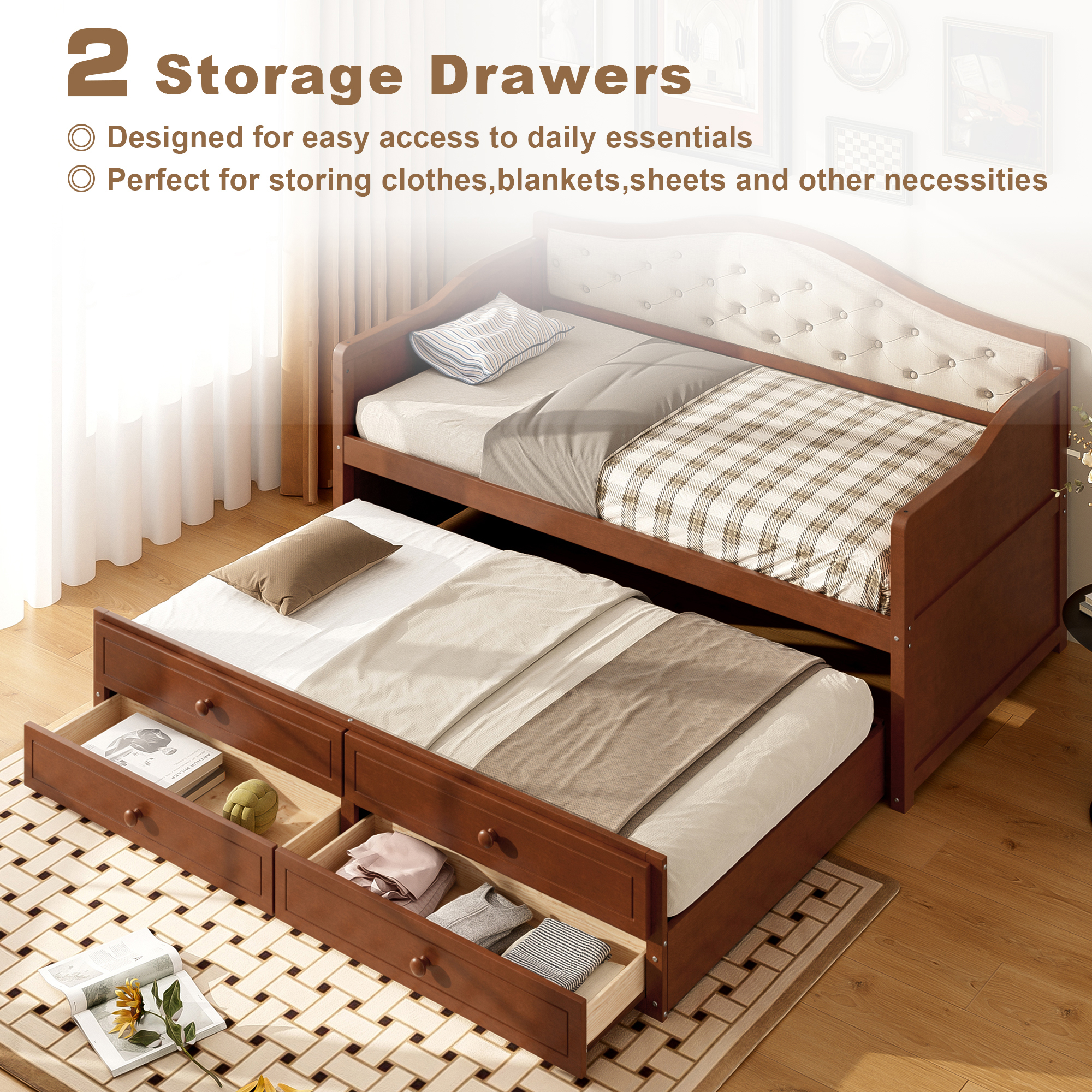 Twin Daybed with Trundle, Twin Size Daybed with 2 Storage Drawers, Wooden Sofa Bed with Upholstered Button Tufted Backrest for Living Room, Bedroom, Guest Room,Walnut - Image 4