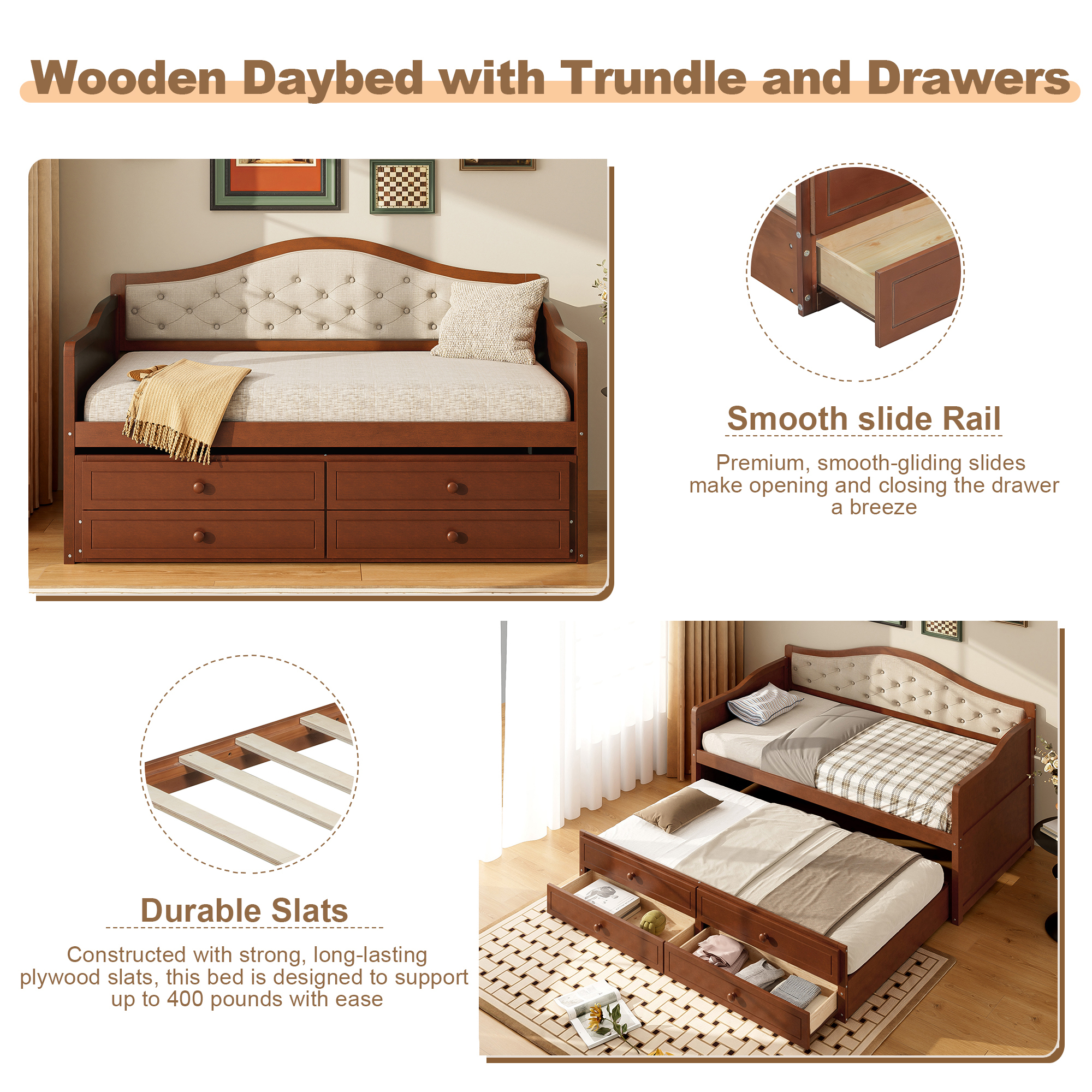 Twin Daybed with Trundle, Twin Size Daybed with 2 Storage Drawers, Wooden Sofa Bed with Upholstered Button Tufted Backrest for Living Room, Bedroom, Guest Room,Walnut - Image 5