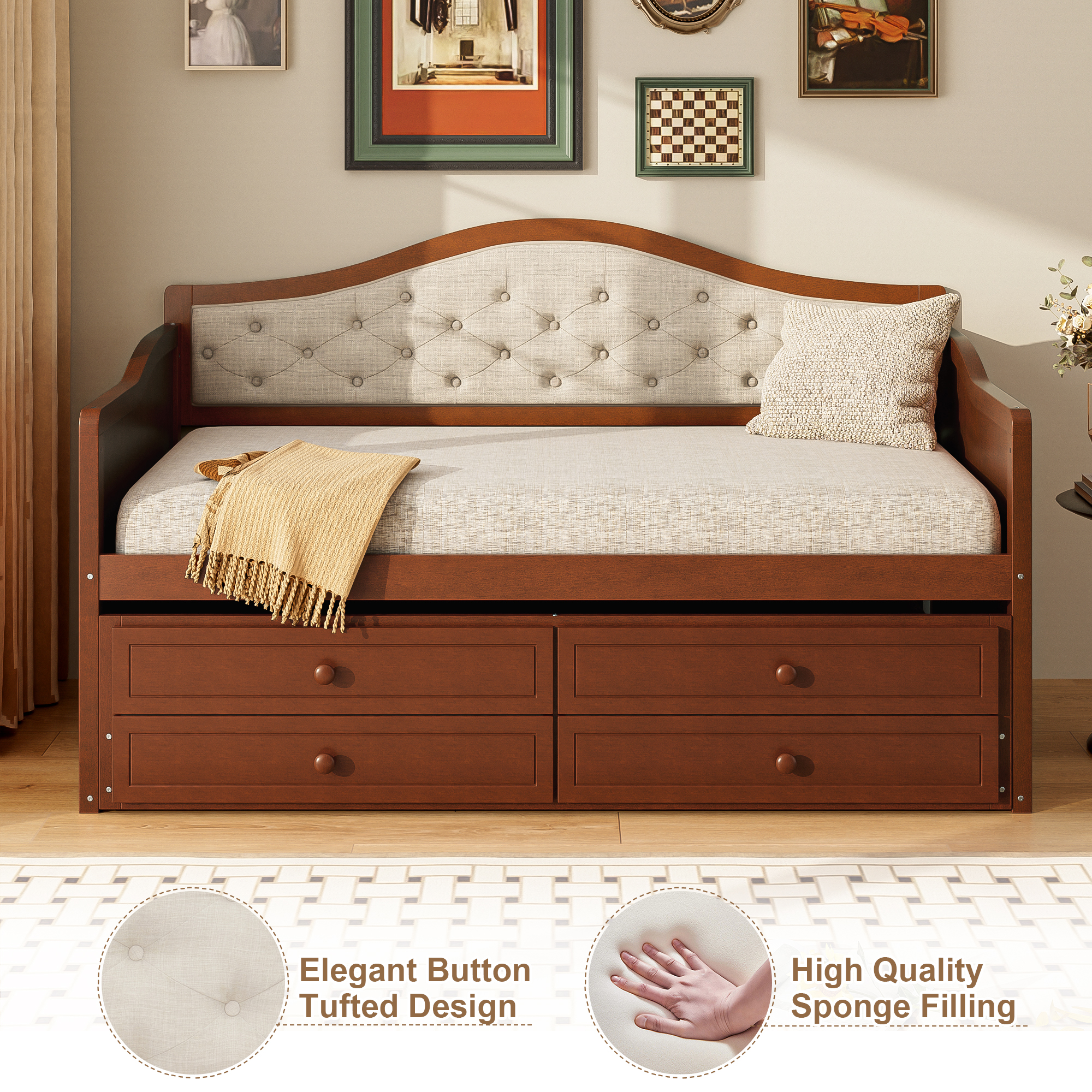 Twin Daybed with Trundle, Twin Size Daybed with 2 Storage Drawers, Wooden Sofa Bed with Upholstered Button Tufted Backrest for Living Room, Bedroom, Guest Room,Walnut - Image 6