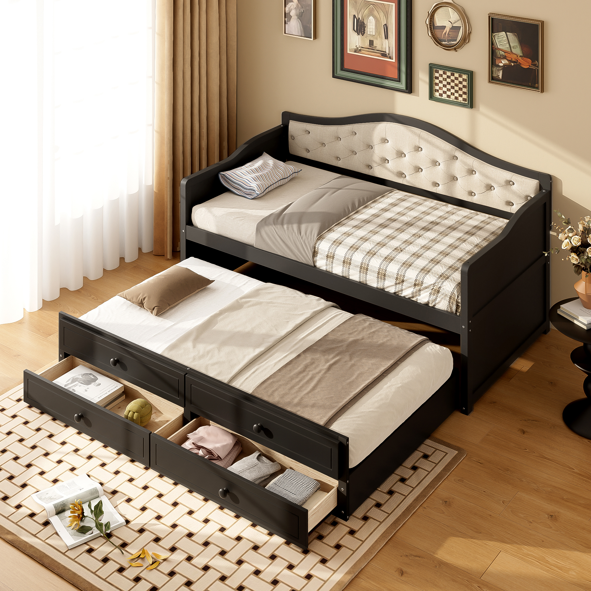Twin Daybed with Trundle, Twin Size Daybed with 2 Storage Drawers, Wooden Sofa Bed with Upholstered Button Tufted Backrest for Living Room, Bedroom, Guest Room,Black