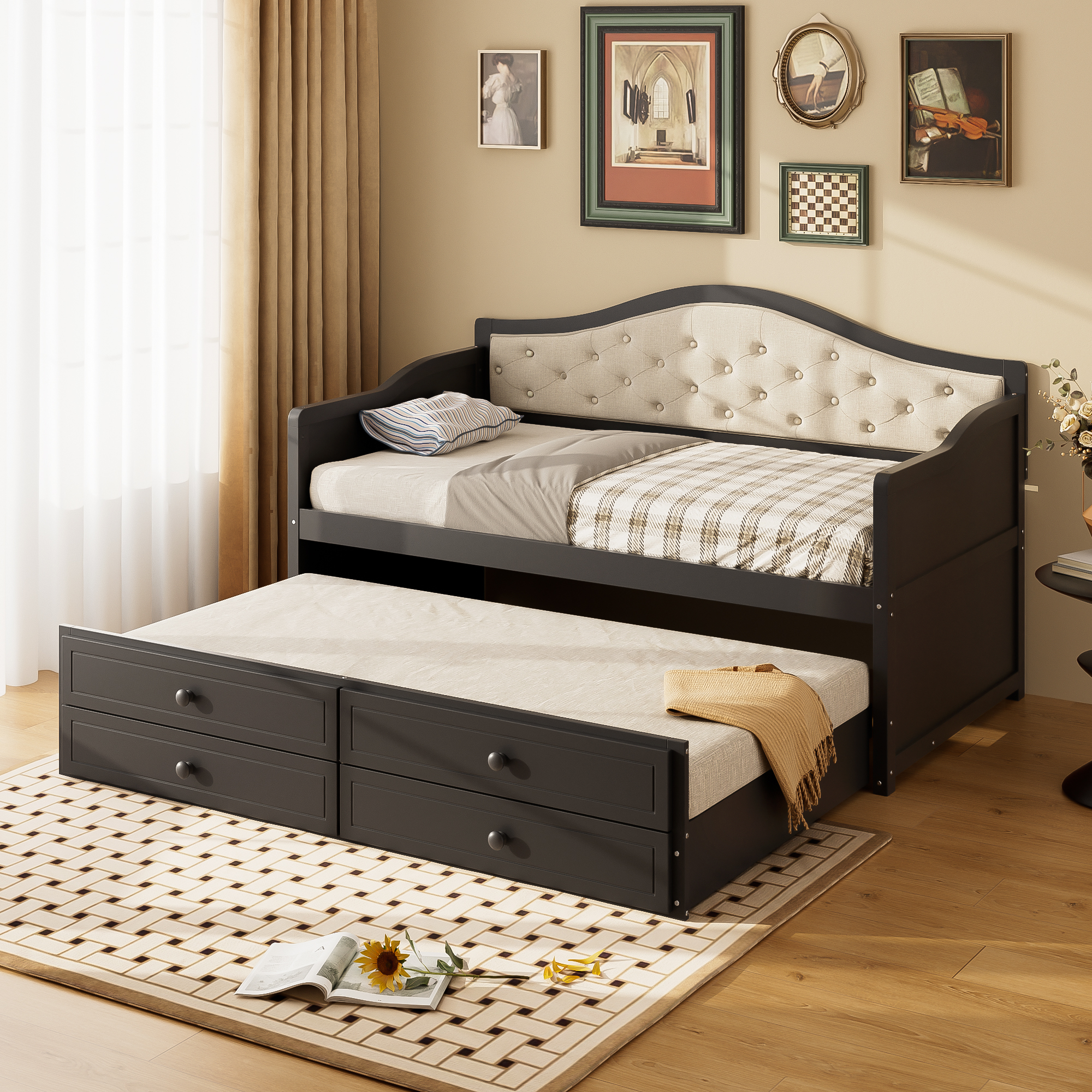 Twin Daybed with Trundle, Twin Size Daybed with 2 Storage Drawers, Wooden Sofa Bed with Upholstered Button Tufted Backrest for Living Room, Bedroom, Guest Room,Black - Image 2