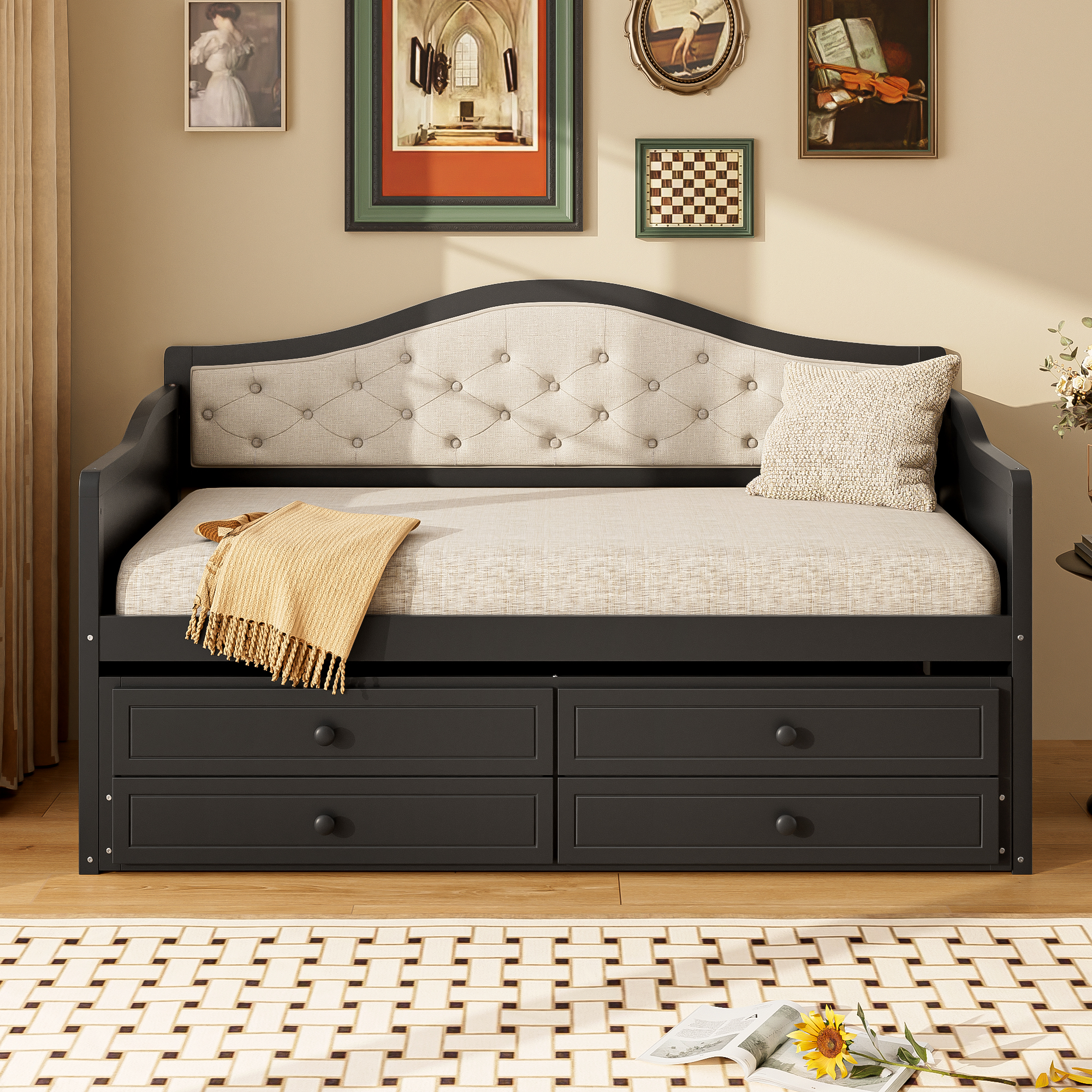 Twin Daybed with Trundle, Twin Size Daybed with 2 Storage Drawers, Wooden Sofa Bed with Upholstered Button Tufted Backrest for Living Room, Bedroom, Guest Room,Black - Image 3