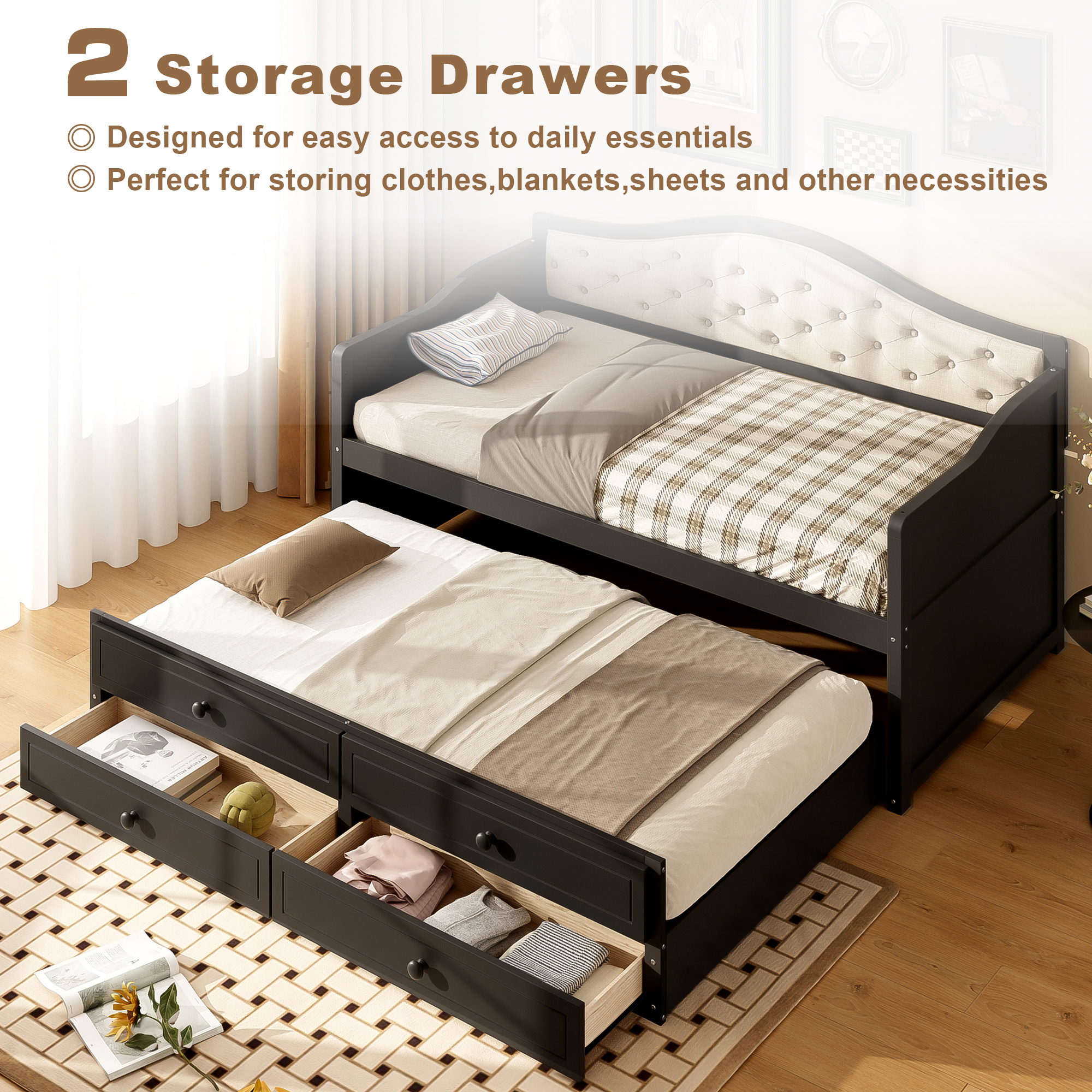 Twin Daybed with Trundle, Twin Size Daybed with 2 Storage Drawers, Wooden Sofa Bed with Upholstered Button Tufted Backrest for Living Room, Bedroom, Guest Room,Black - Image 4