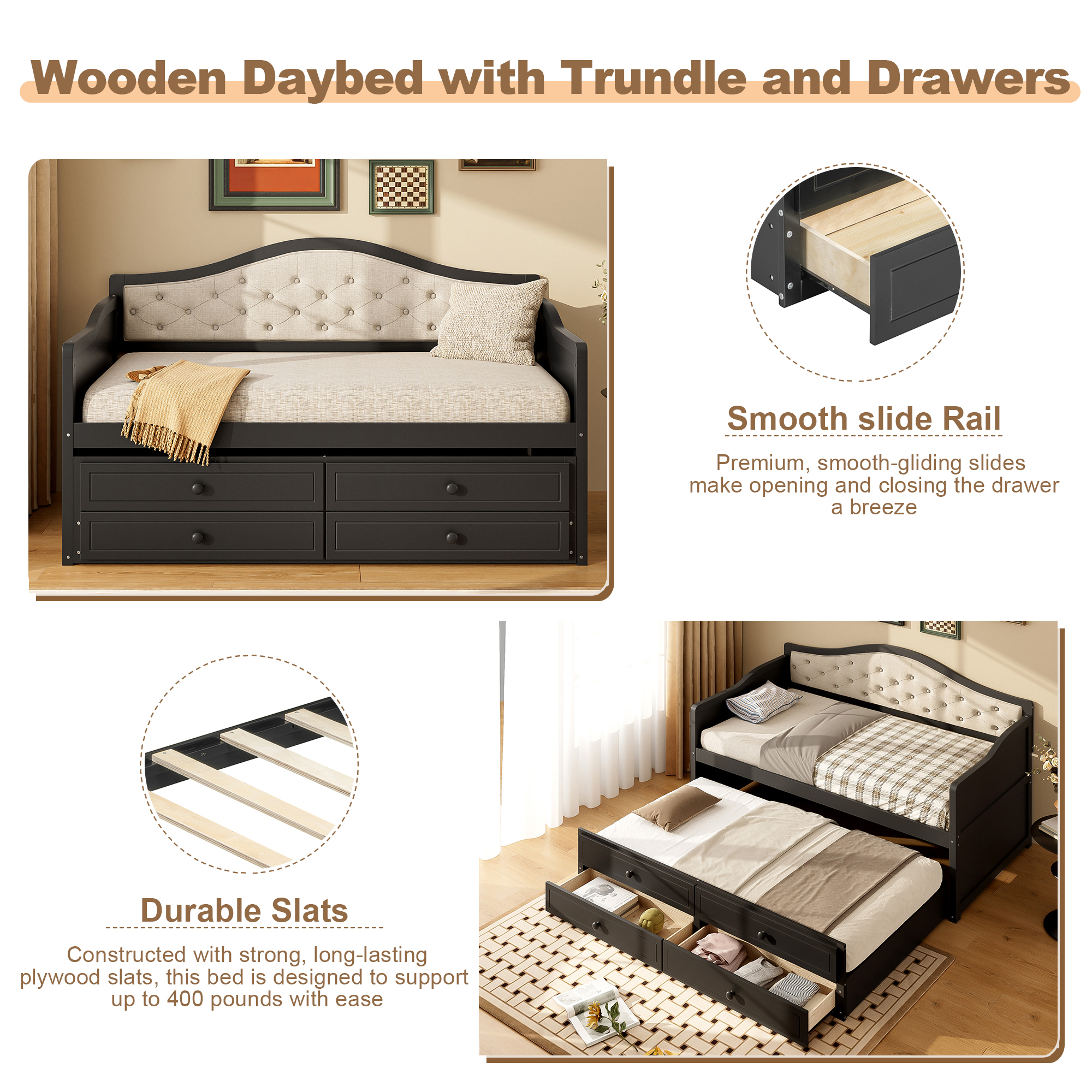 Twin Daybed with Trundle, Twin Size Daybed with 2 Storage Drawers, Wooden Sofa Bed with Upholstered Button Tufted Backrest for Living Room, Bedroom, Guest Room,Black - Image 5