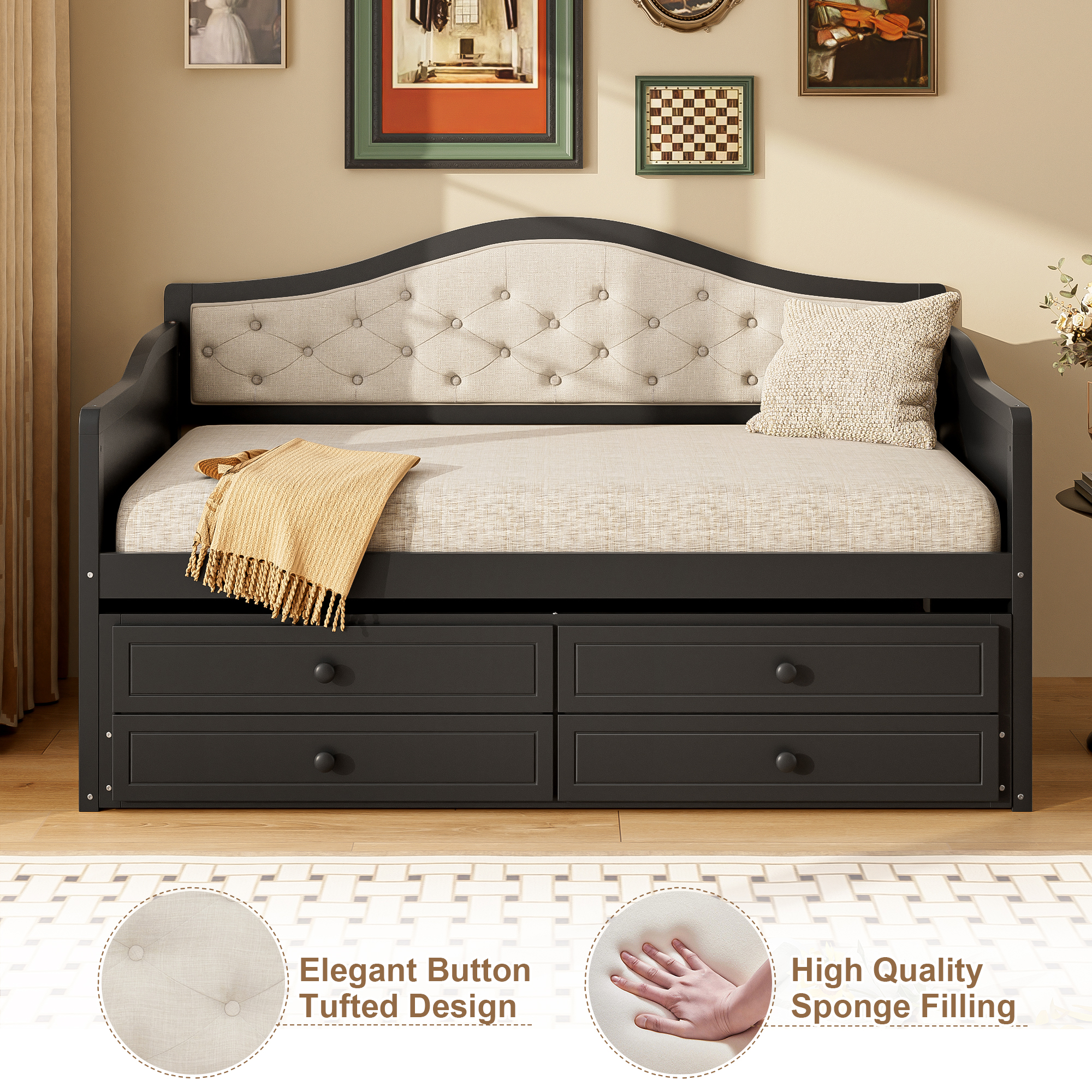 Twin Daybed with Trundle, Twin Size Daybed with 2 Storage Drawers, Wooden Sofa Bed with Upholstered Button Tufted Backrest for Living Room, Bedroom, Guest Room,Black - Image 6