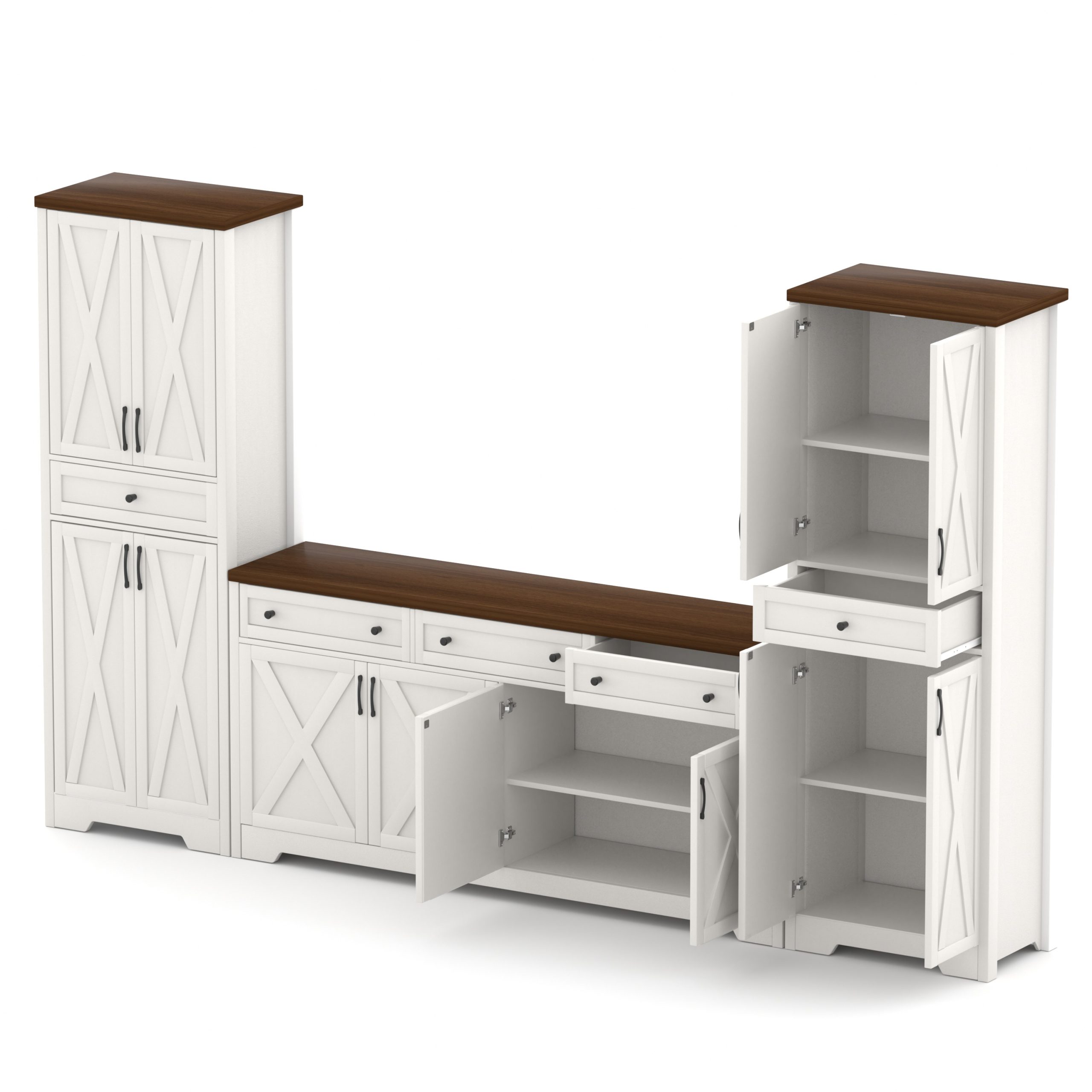 66 inch TV cabinet for living room, multifunctional combination TV cabinet, large capacity storage cabinet, can be used in living room, bedroom, office area, White+Walnut, 66.1”L x 15”W x 30”H.
