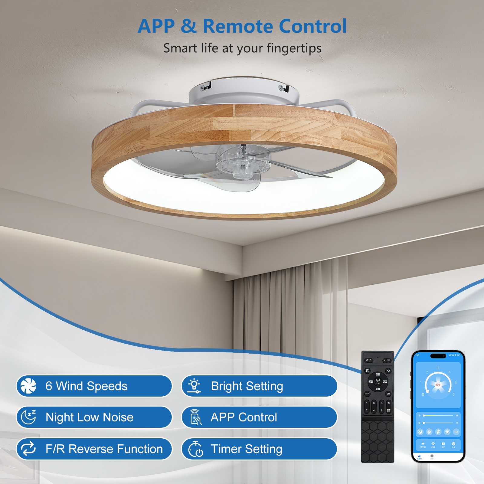 20 Inchs Low Profile Ceiling Fans with Lights and Remote Flush Mount Wooden Ceiling Fan and Light,3000-6000K Dimmable LED Fan Lighting Timing 6 Speeds Reversible Small Fans Light for Bedroom - Image 2