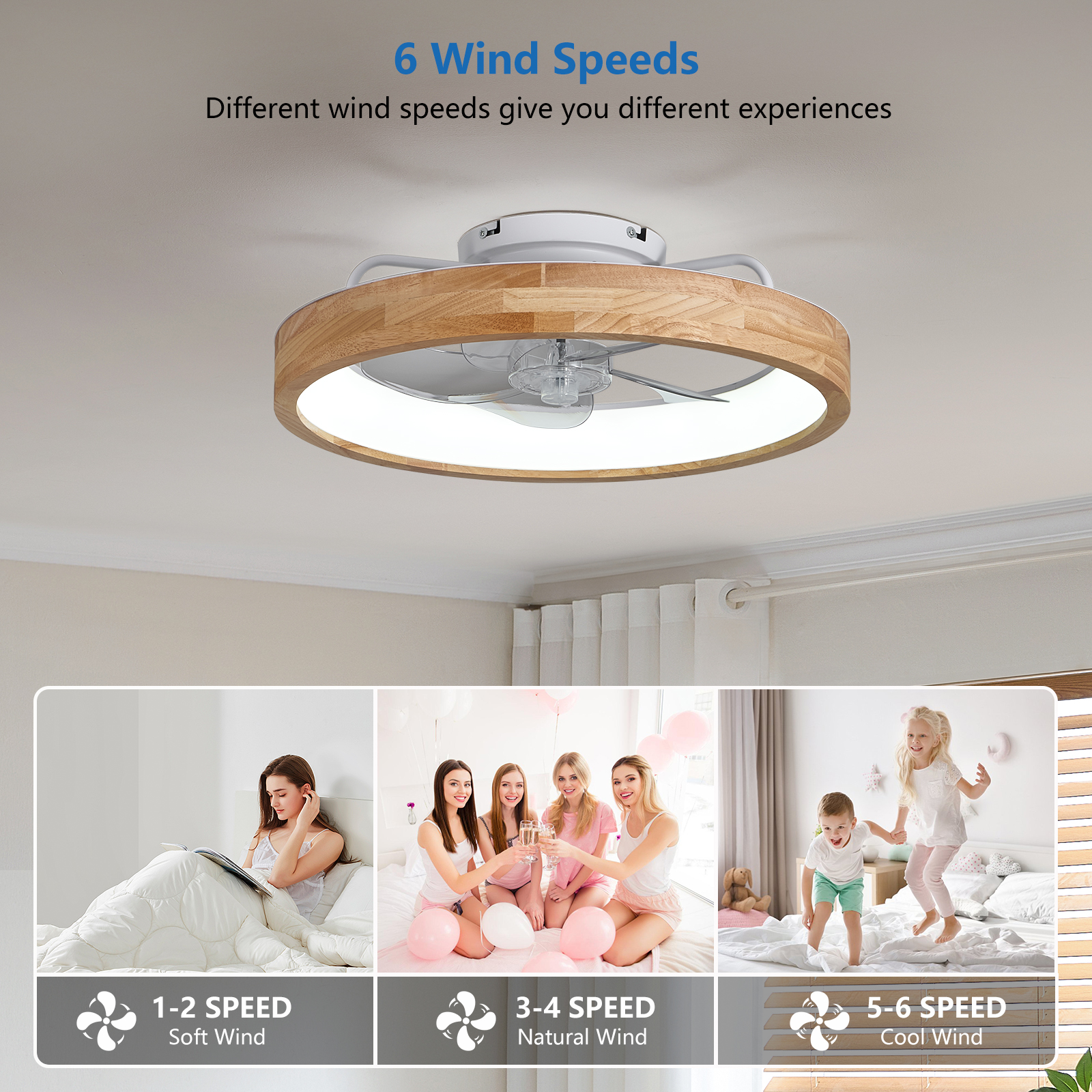 20 Inchs Low Profile Ceiling Fans with Lights and Remote Flush Mount Wooden Ceiling Fan and Light,3000-6000K Dimmable LED Fan Lighting Timing 6 Speeds Reversible Small Fans Light for Bedroom - Image 3