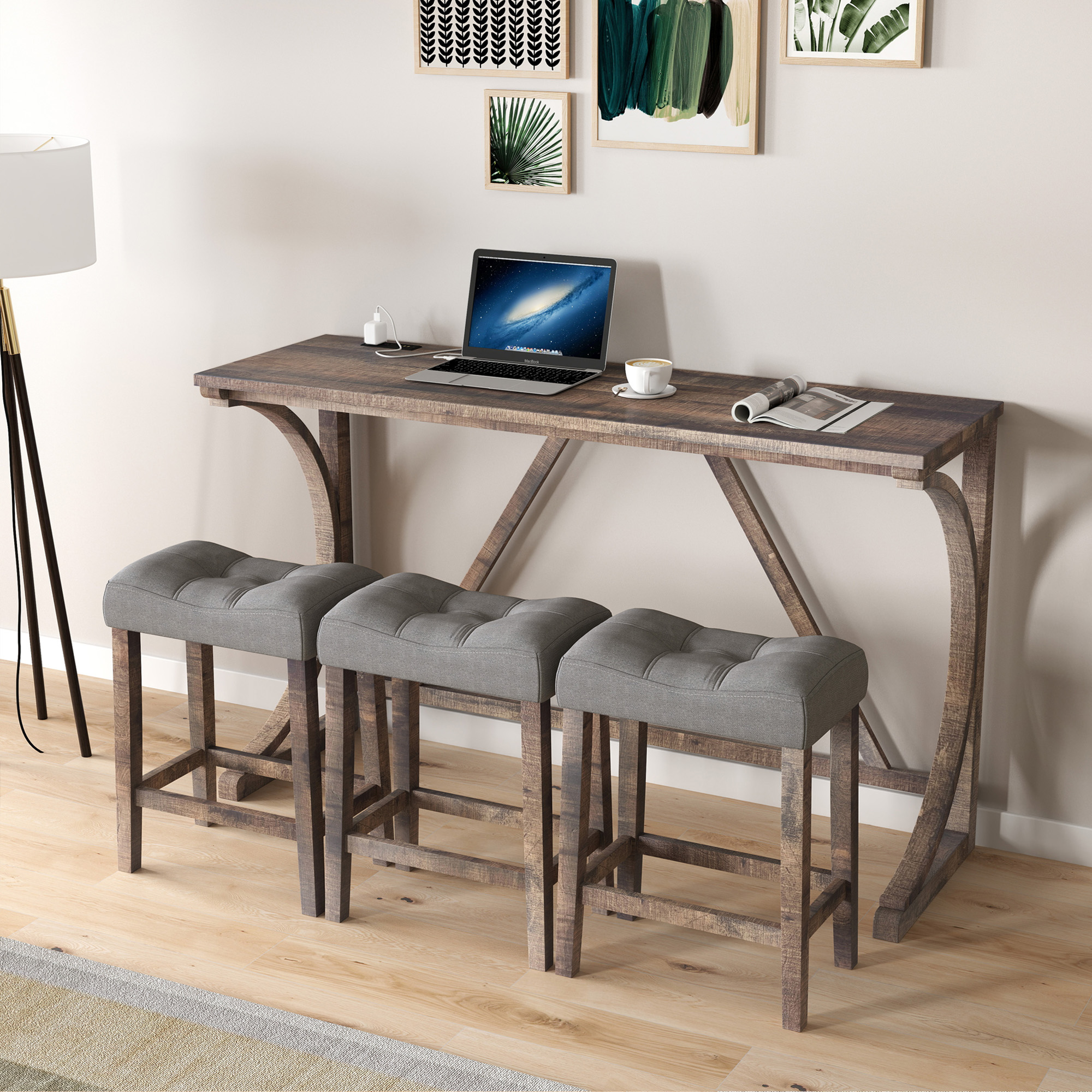 Bar Table Set with Power Outlet, Bar Table and Chairs Set, 4 Piece Dining Table Set, Industrial Breakfast Table Set, for Living Room, Dining Room, Game Room - Image 2