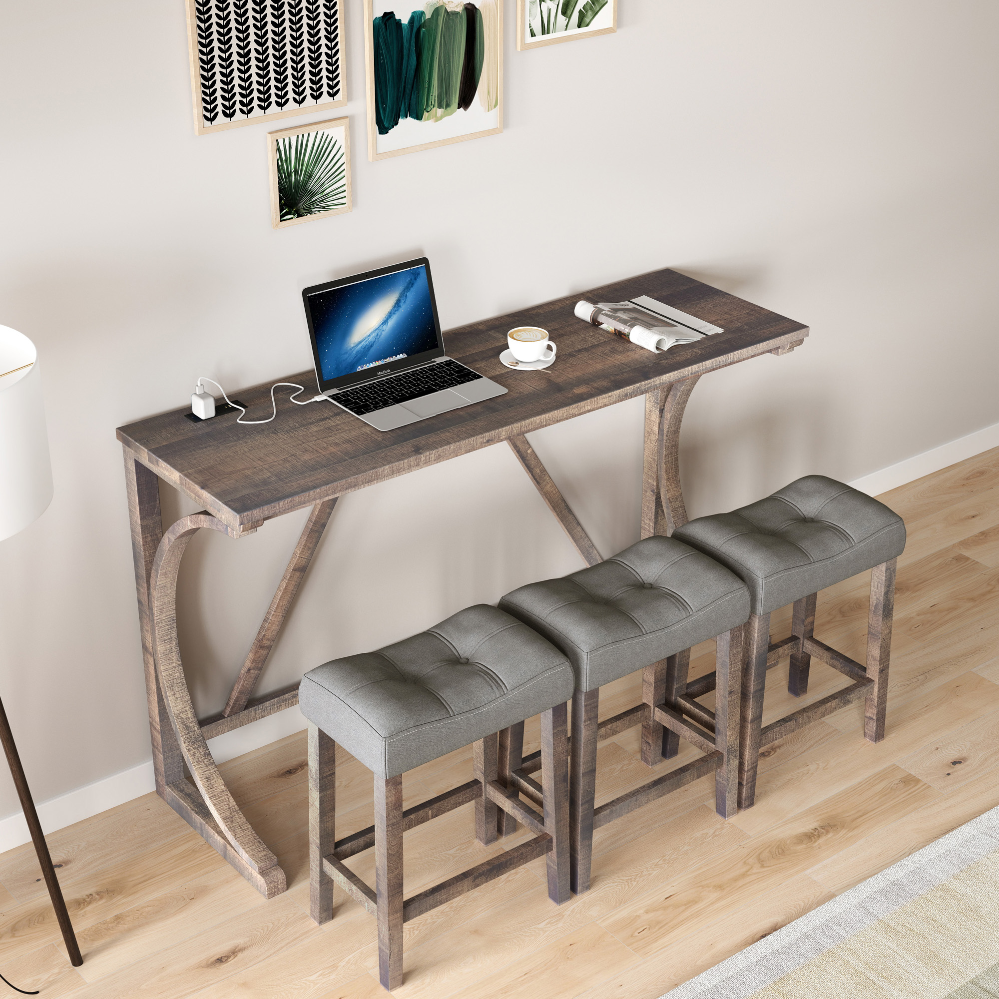 Bar Table Set with Power Outlet, Bar Table and Chairs Set, 4 Piece Dining Table Set, Industrial Breakfast Table Set, for Living Room, Dining Room, Game Room - Image 4