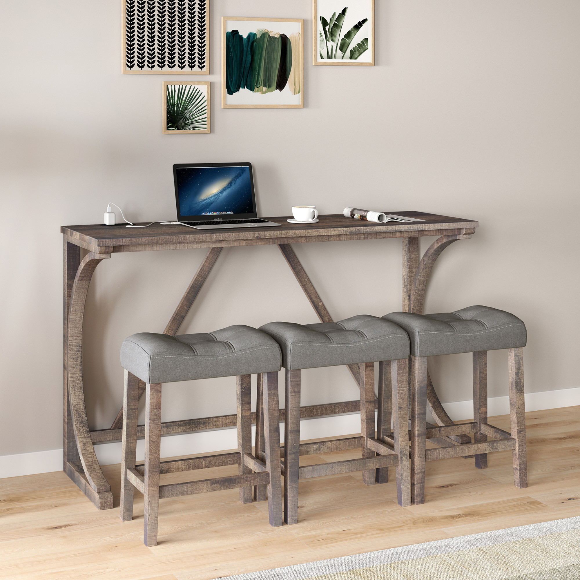 Bar Table Set with Power Outlet, Bar Table and Chairs Set, 4 Piece Dining Table Set, Industrial Breakfast Table Set, for Living Room, Dining Room, Game Room - Image 5