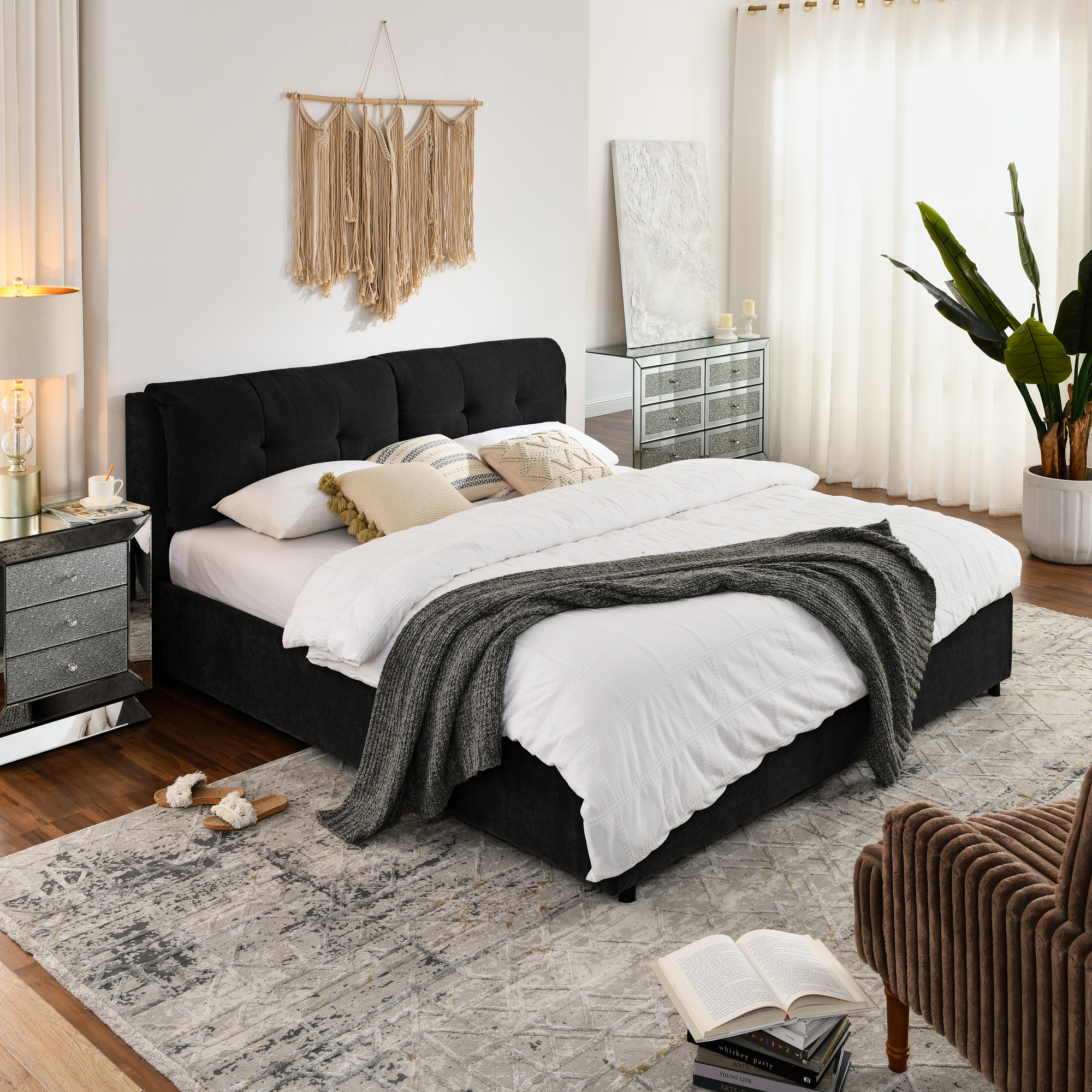 King Size Storage Upholstered Hydraulic Platform Bed with Integrated Headboard, Chenille Fabric, Black - Image 2