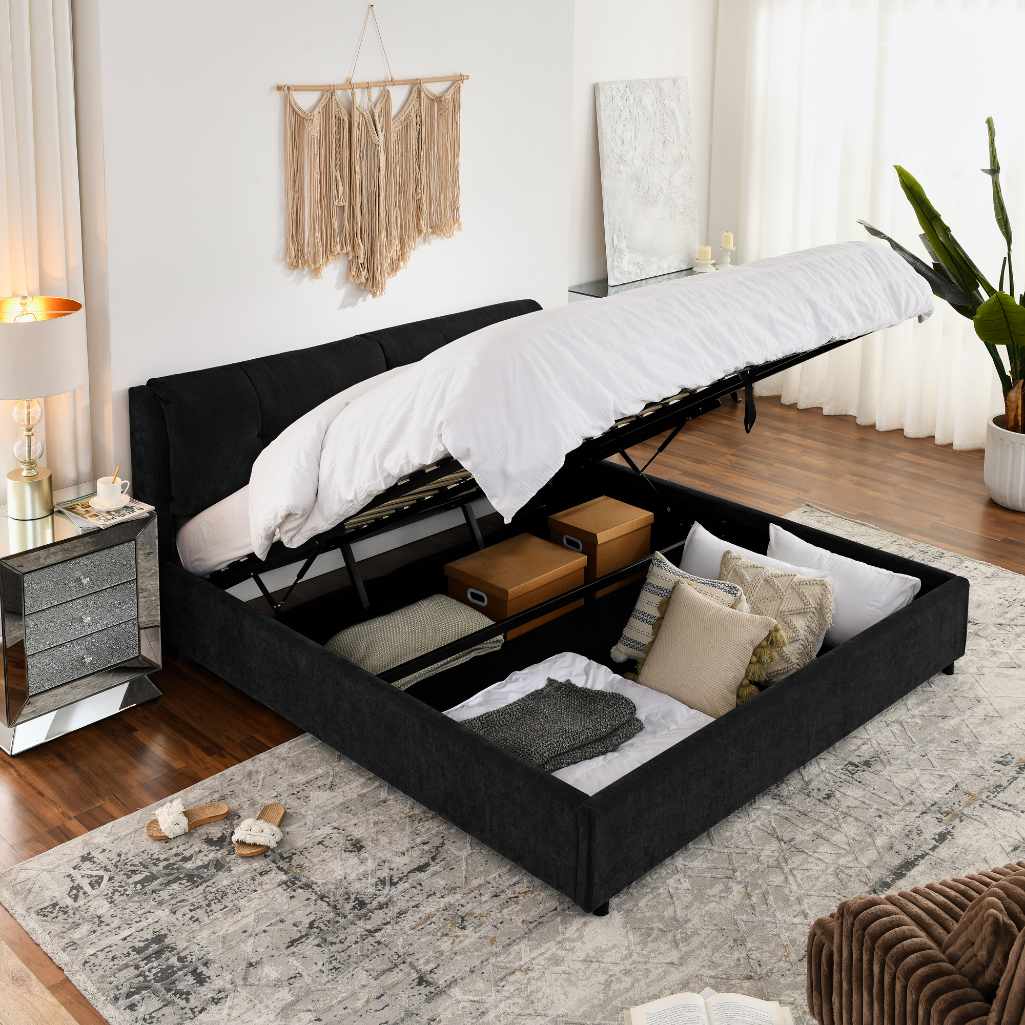 King Size Storage Upholstered Hydraulic Platform Bed with Integrated Headboard, Chenille Fabric, Black - Image 3