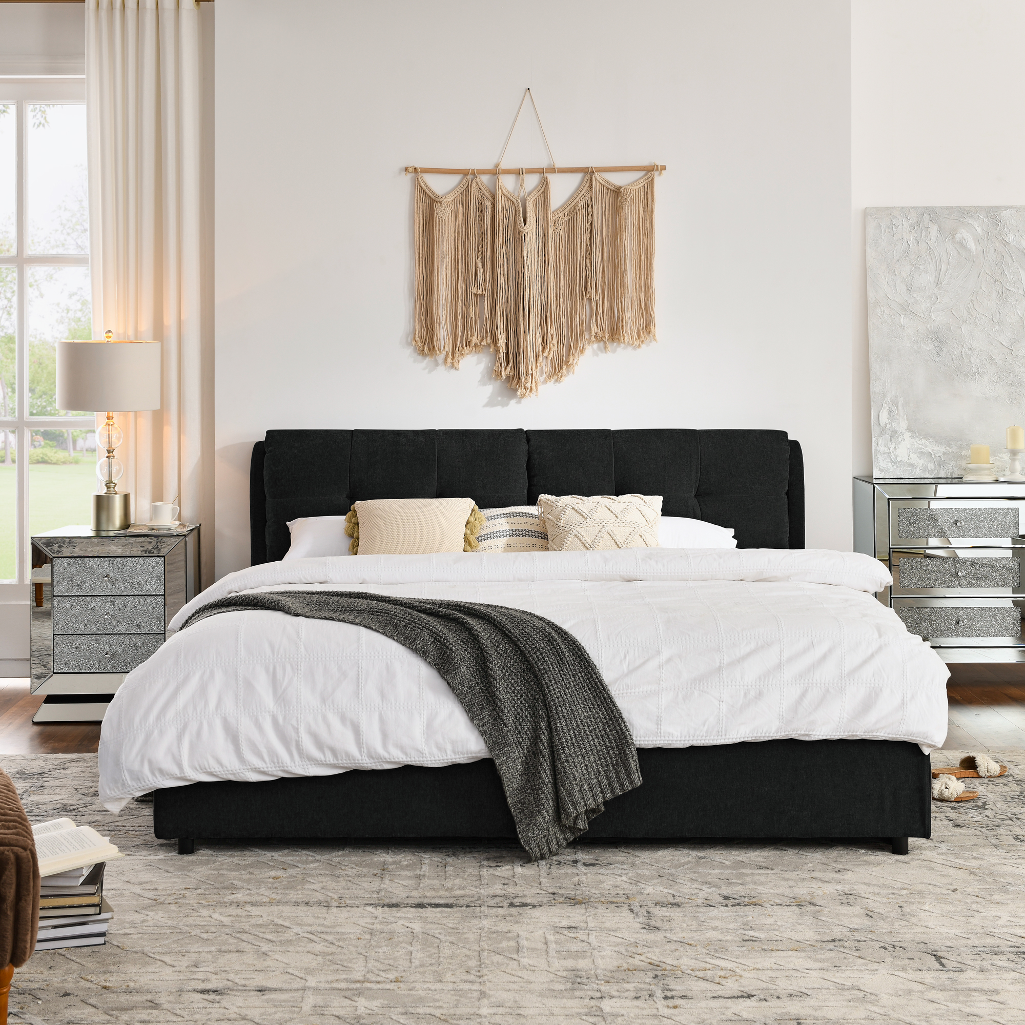 King Size Storage Upholstered Hydraulic Platform Bed with Integrated Headboard, Chenille Fabric, Black - Image 4