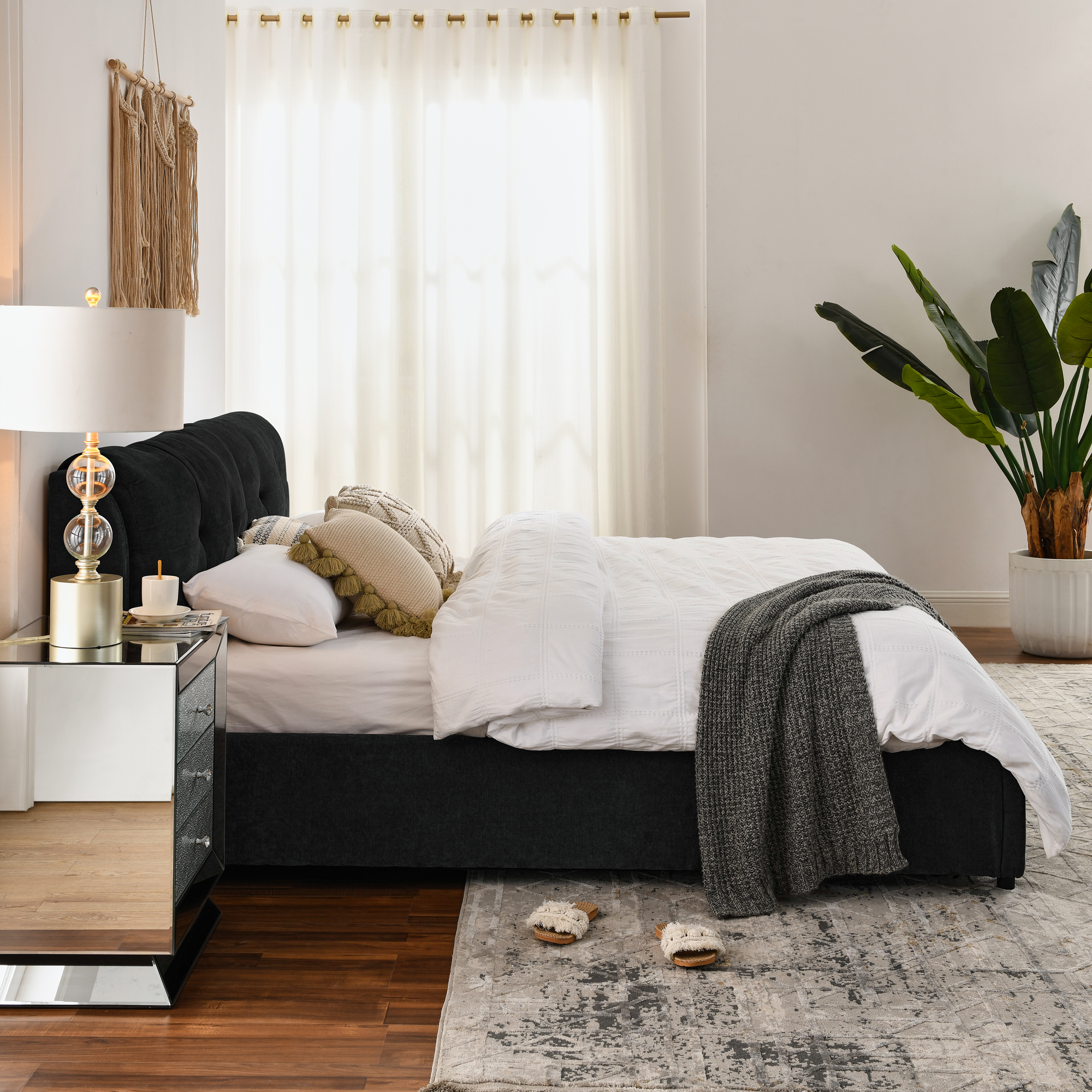 King Size Storage Upholstered Hydraulic Platform Bed with Integrated Headboard, Chenille Fabric, Black - Image 5