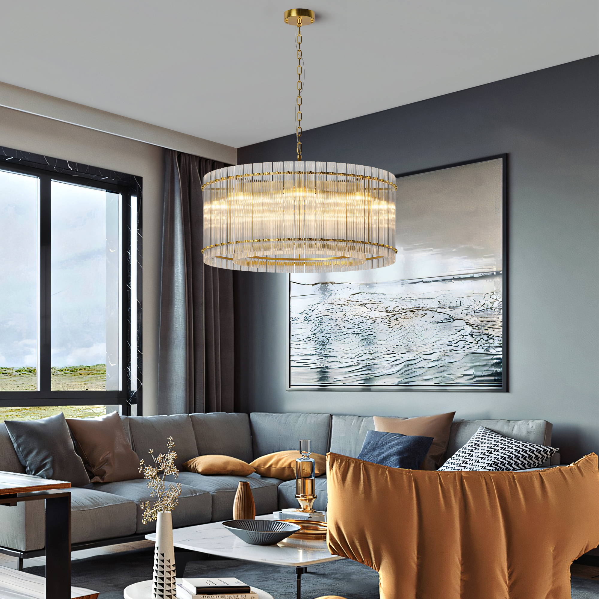 37" Modern Gold Round Chandelier,2-Tier 8-Light Water Ripple Crystal Glass Chandeliers,for Dining Room,Living Room,Bedroom,High Ceiling,Foyer Entryway,Luxury Chandelier - Image 3