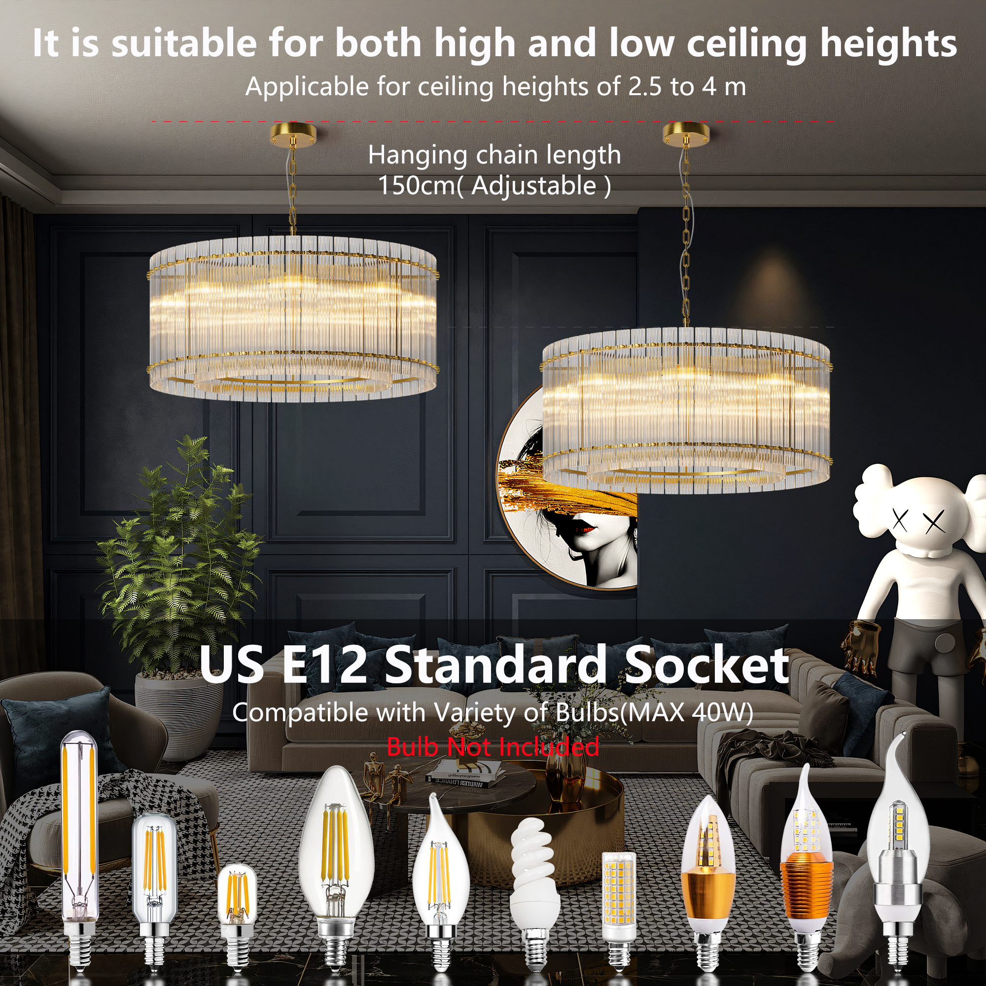 37" Modern Gold Round Chandelier,2-Tier 8-Light Water Ripple Crystal Glass Chandeliers,for Dining Room,Living Room,Bedroom,High Ceiling,Foyer Entryway,Luxury Chandelier - Image 4