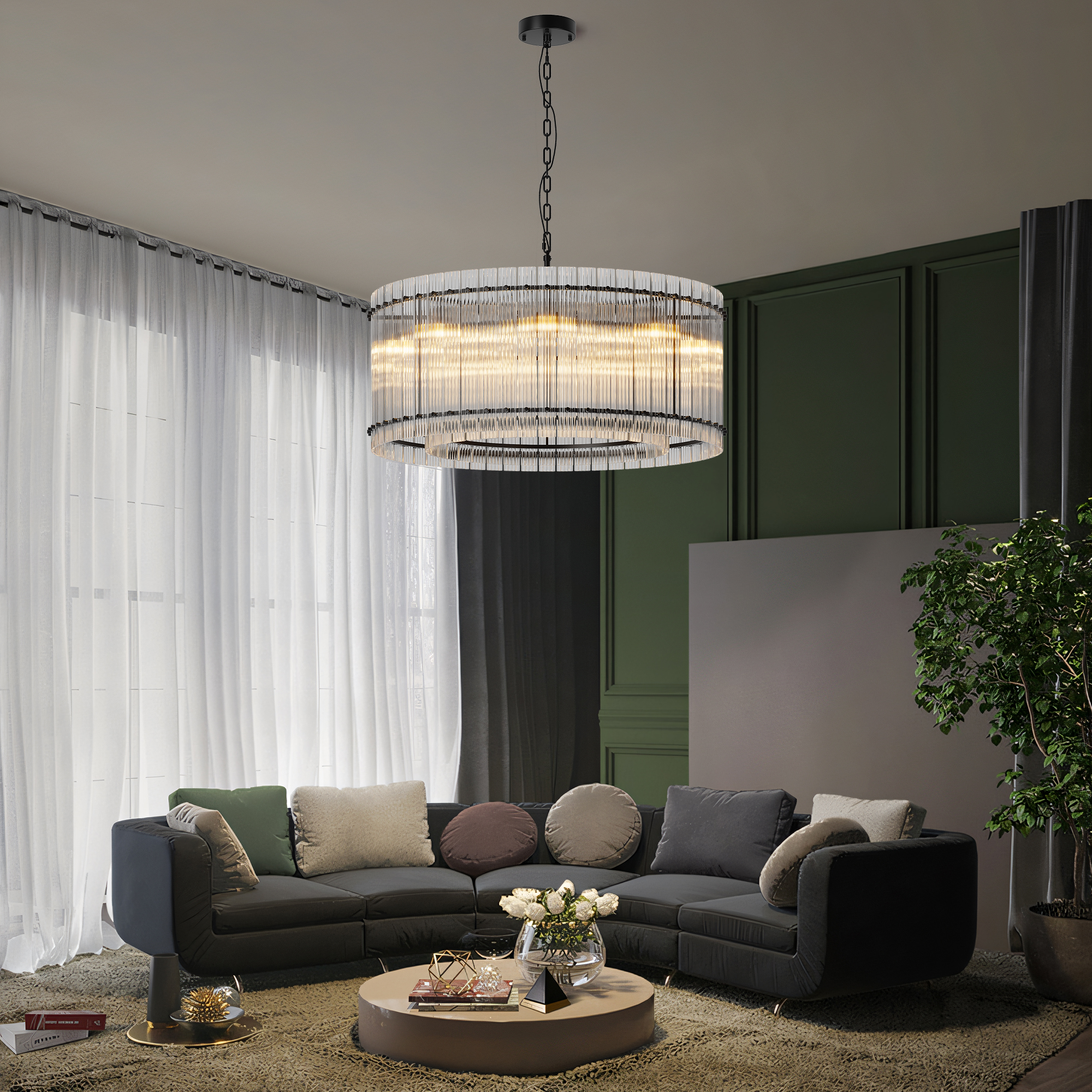 37" Modern Black Round Chandelier,2-Tier 8-Light Water Ripple Crystal Glass Chandeliers,for Dining Room,Living Room,Bedroom,High Ceiling,Foyer Entryway,Luxury Chandelier - Image 3