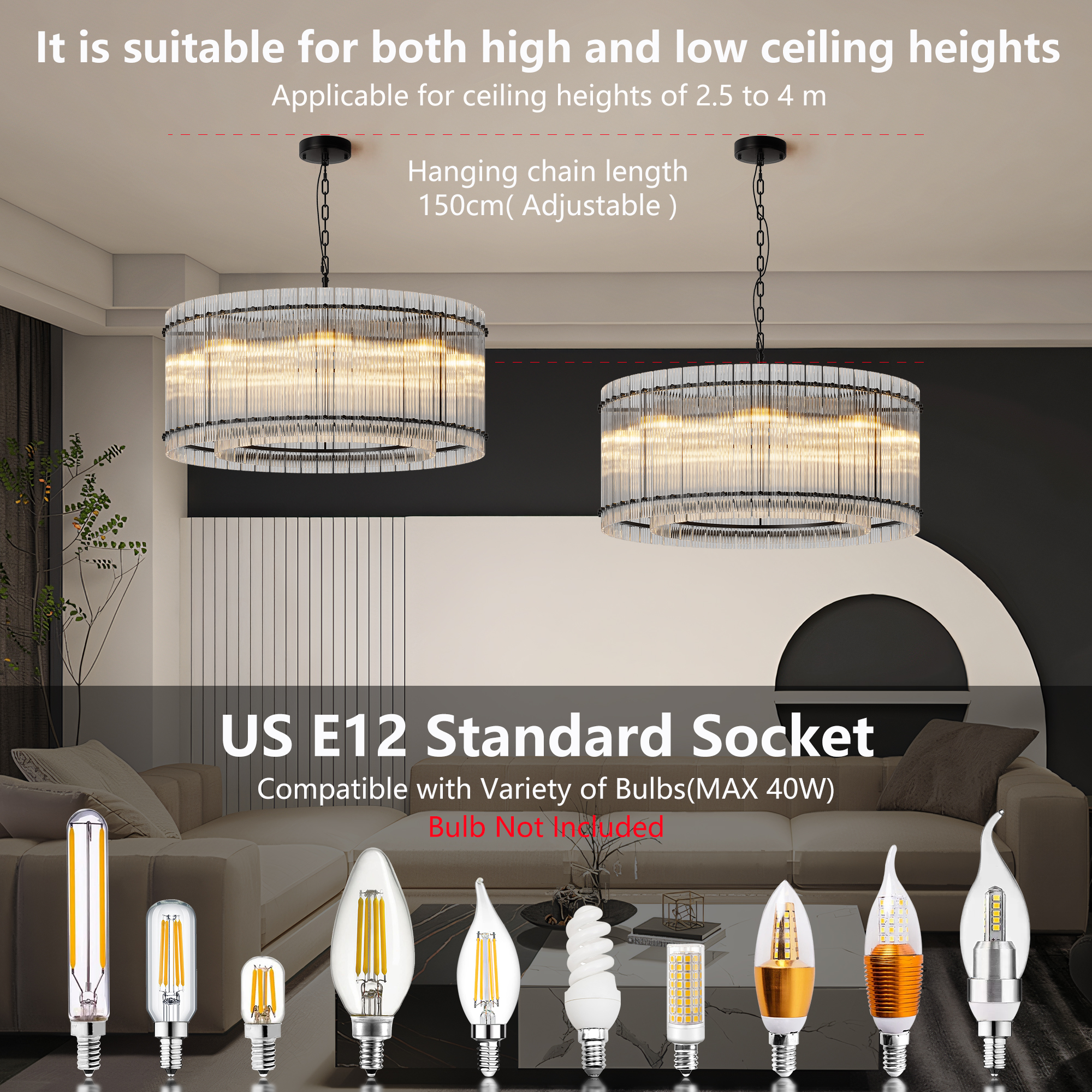 37" Modern Black Round Chandelier,2-Tier 8-Light Water Ripple Crystal Glass Chandeliers,for Dining Room,Living Room,Bedroom,High Ceiling,Foyer Entryway,Luxury Chandelier - Image 4