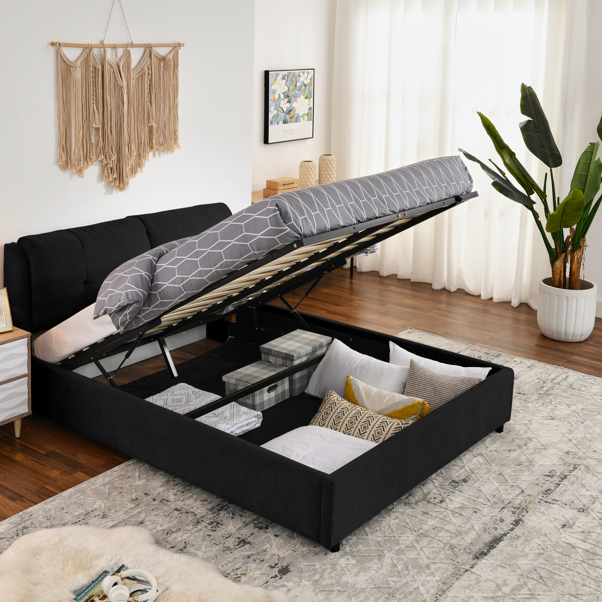 Queen Size Storage Upholstered Hydraulic Platform Bed with Integrated Headboard, Chenille Fabric, Black - Image 1