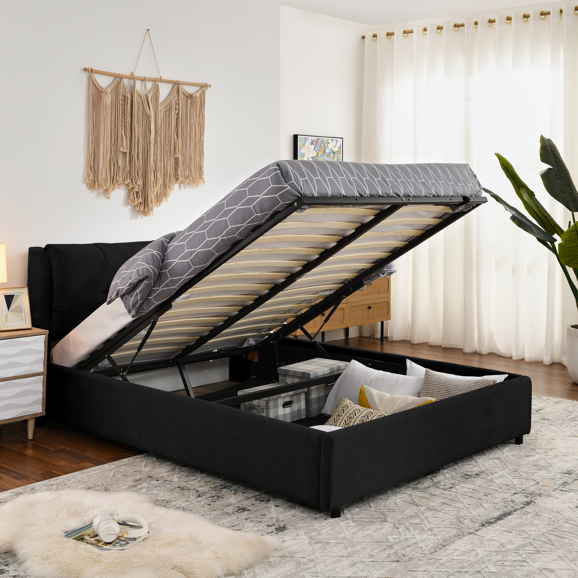 Queen Size Storage Upholstered Hydraulic Platform Bed with Integrated Headboard, Chenille Fabric, Black - Image 2