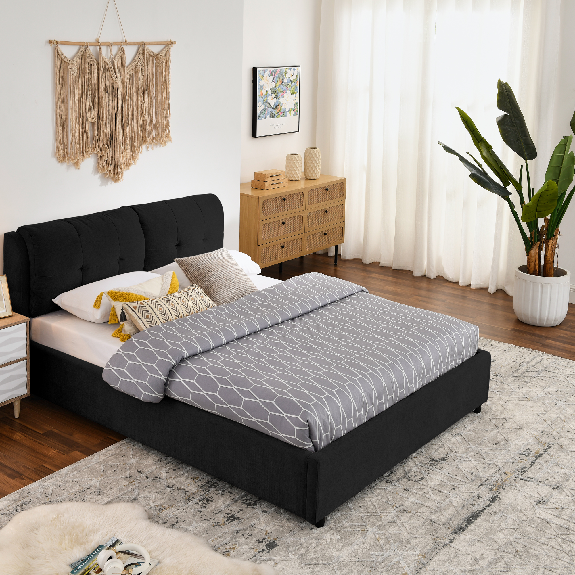 Queen Size Storage Upholstered Hydraulic Platform Bed with Integrated Headboard, Chenille Fabric, Black - Image 3