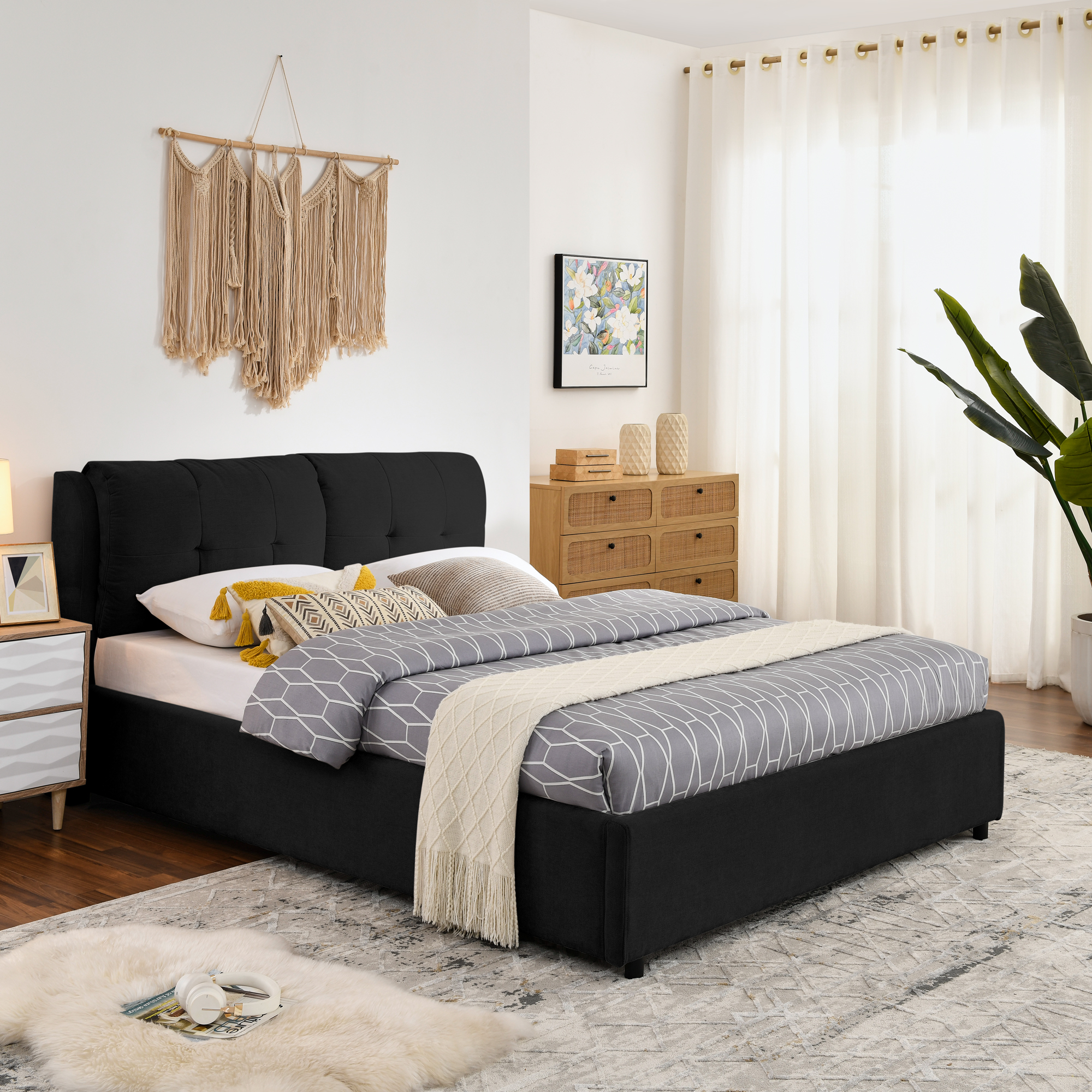 Queen Size Storage Upholstered Hydraulic Platform Bed with Integrated Headboard, Chenille Fabric, Black - Image 4