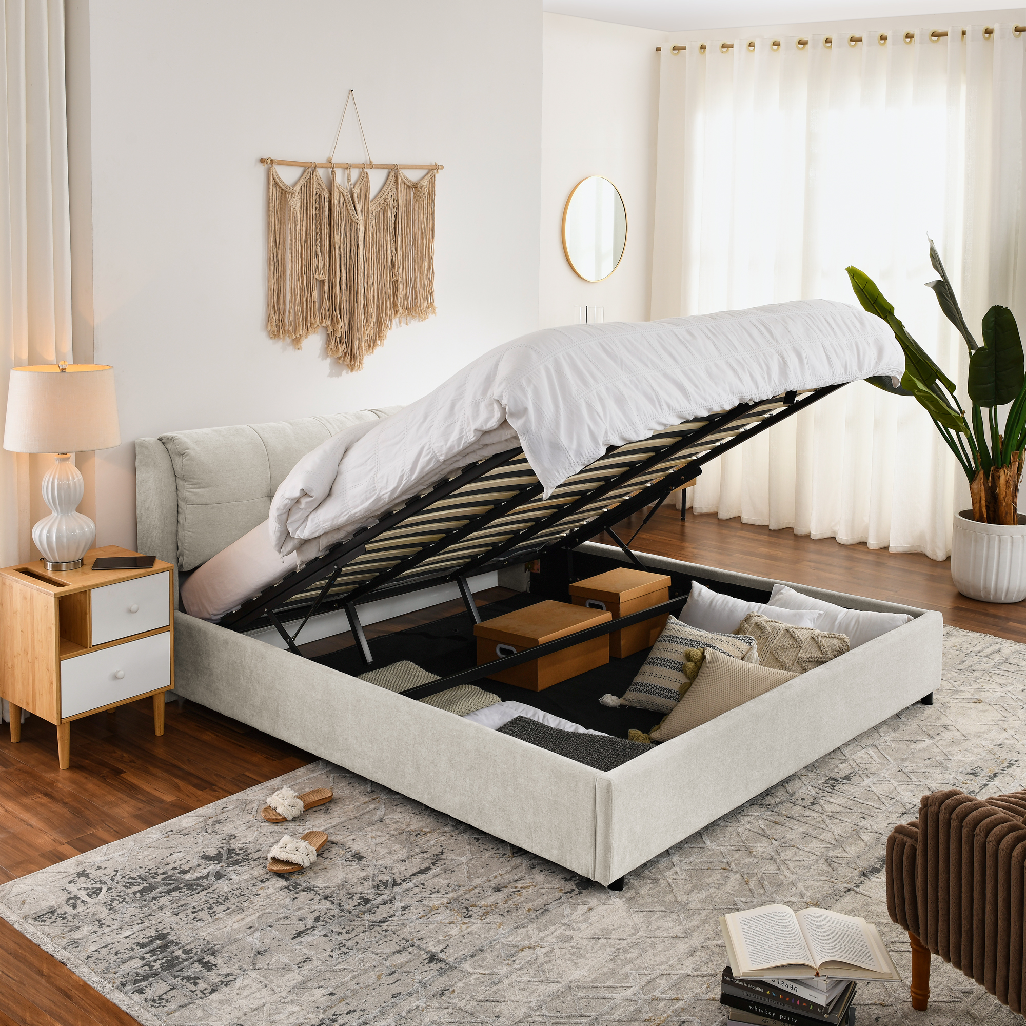 King Size Storage Upholstered Hydraulic Platform Bed with Integrated Headboard, Chenille Fabric, Beige - Image 1
