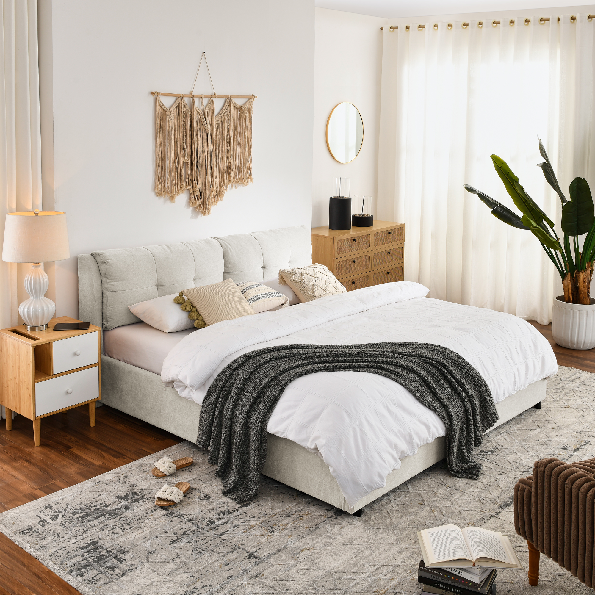 King Size Storage Upholstered Hydraulic Platform Bed with Integrated Headboard, Chenille Fabric, Beige - Image 2