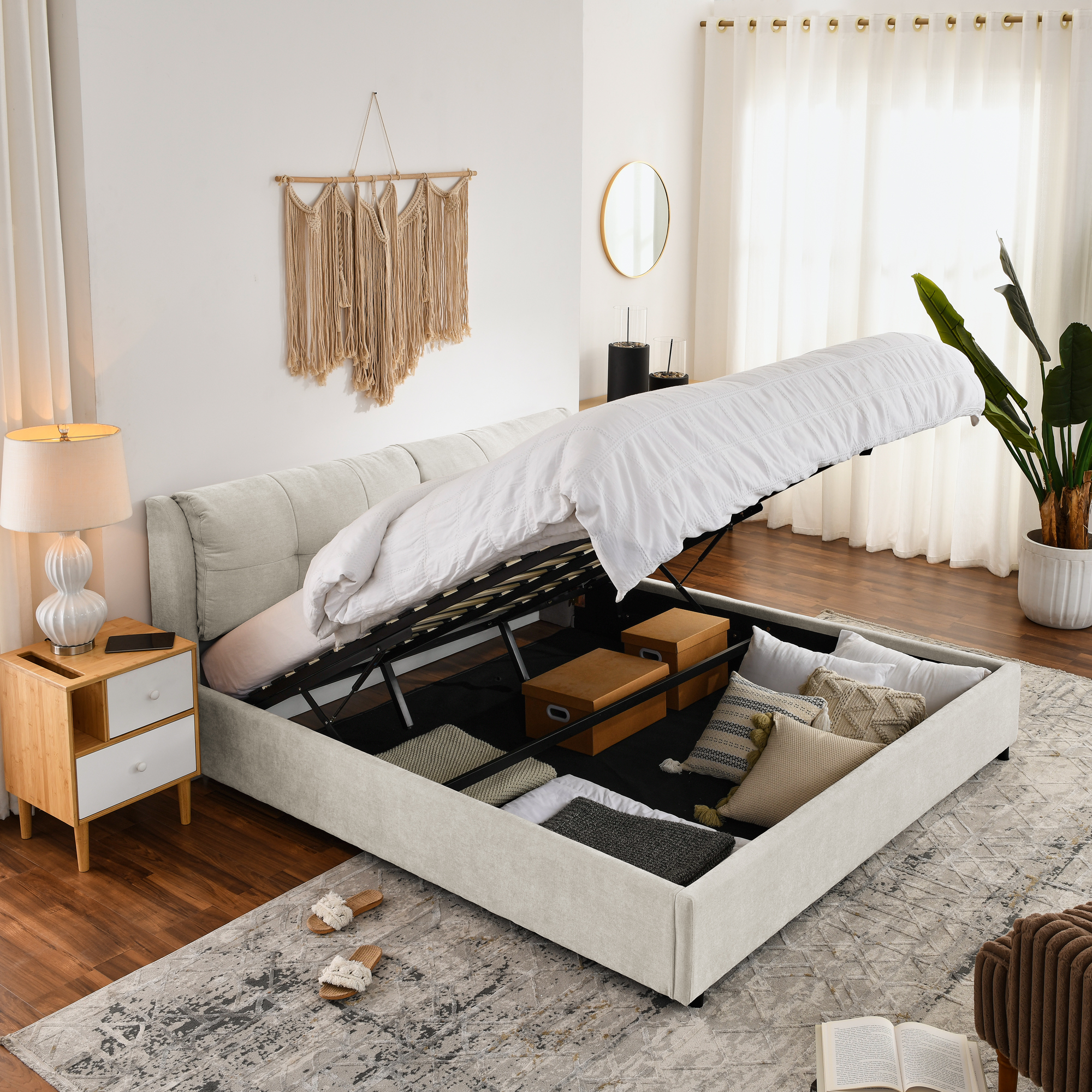 King Size Storage Upholstered Hydraulic Platform Bed with Integrated Headboard, Chenille Fabric, Beige - Image 3