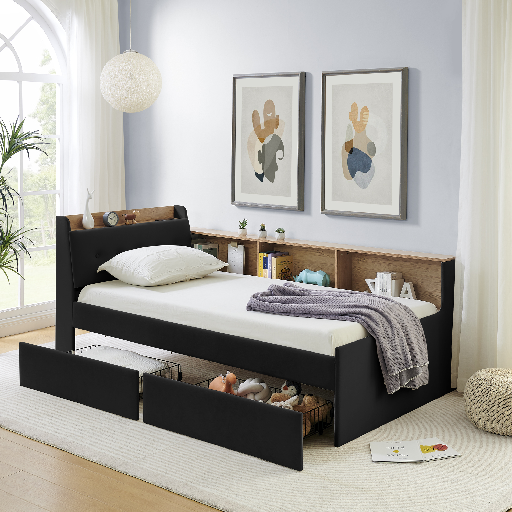 Twin Size Upholstery Velvet Day Bed with Storage Headboard and Wireless Charging, Multi-functional Daybed with Two Storage Drawers & LED Lights, Black - Image 2