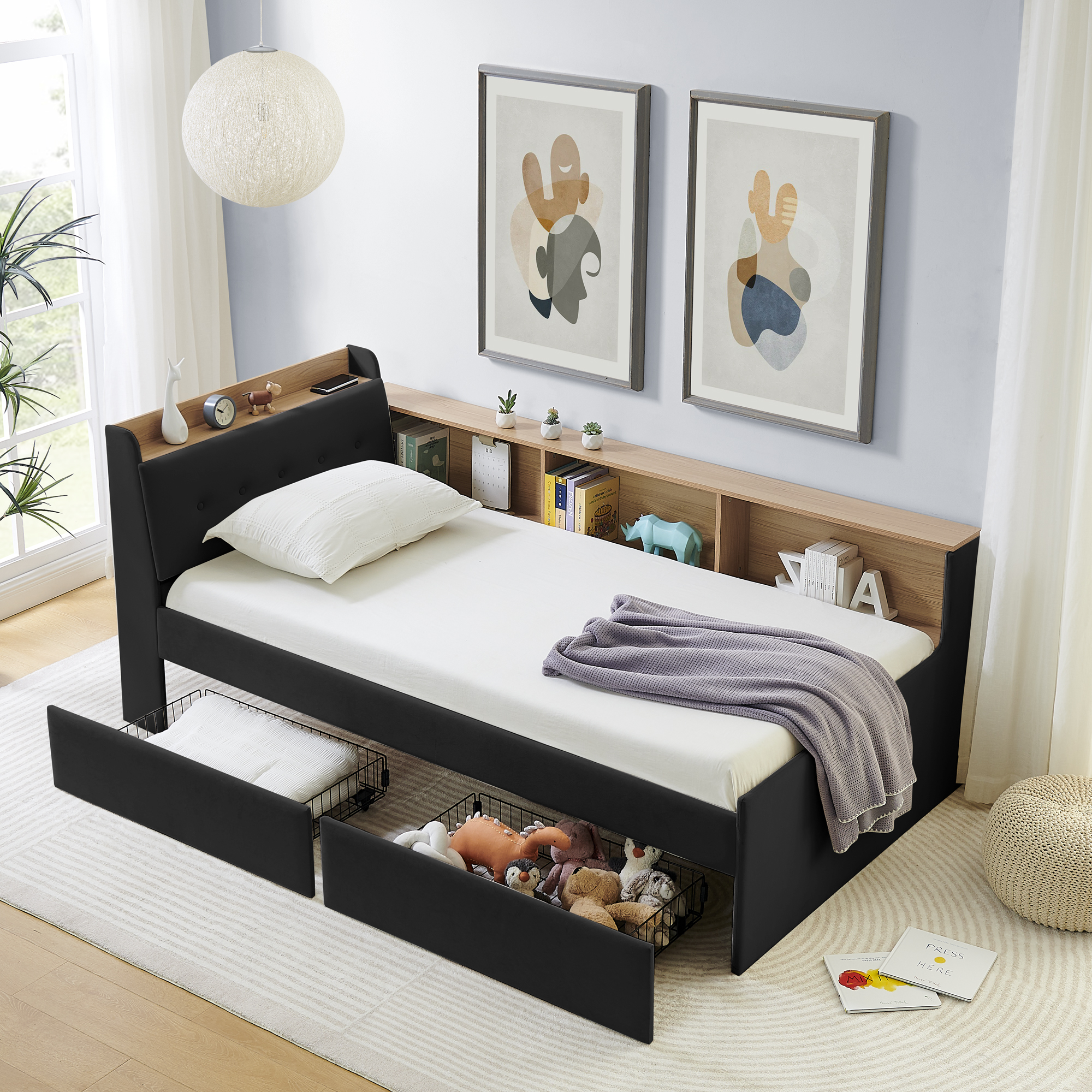 Twin Size Upholstery Velvet Day Bed with Storage Headboard and Wireless Charging, Multi-functional Daybed with Two Storage Drawers & LED Lights, Black - Image 3