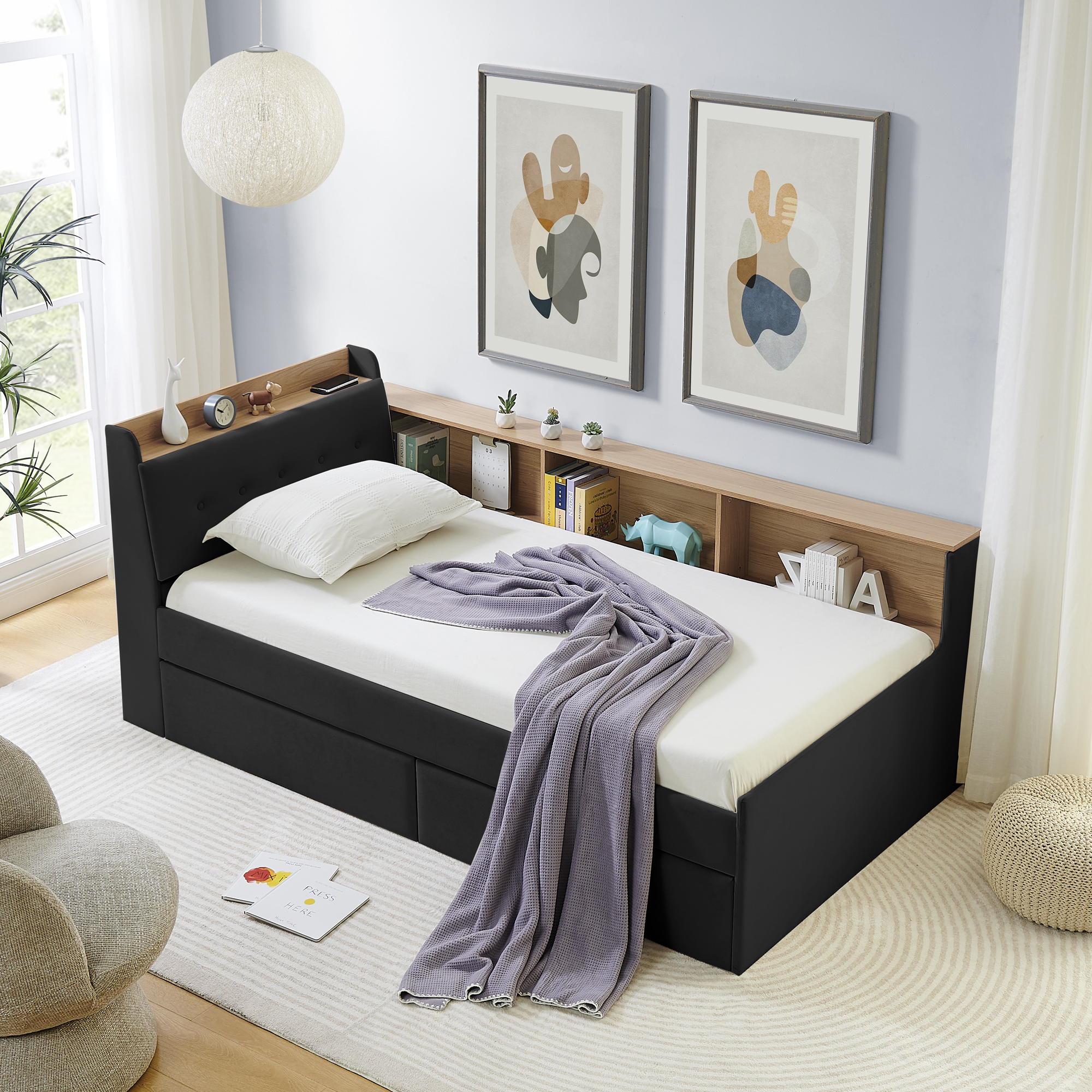 Twin Size Upholstery Velvet Day Bed with Storage Headboard and Wireless Charging, Multi-functional Daybed with Two Storage Drawers & LED Lights, Black - Image 4