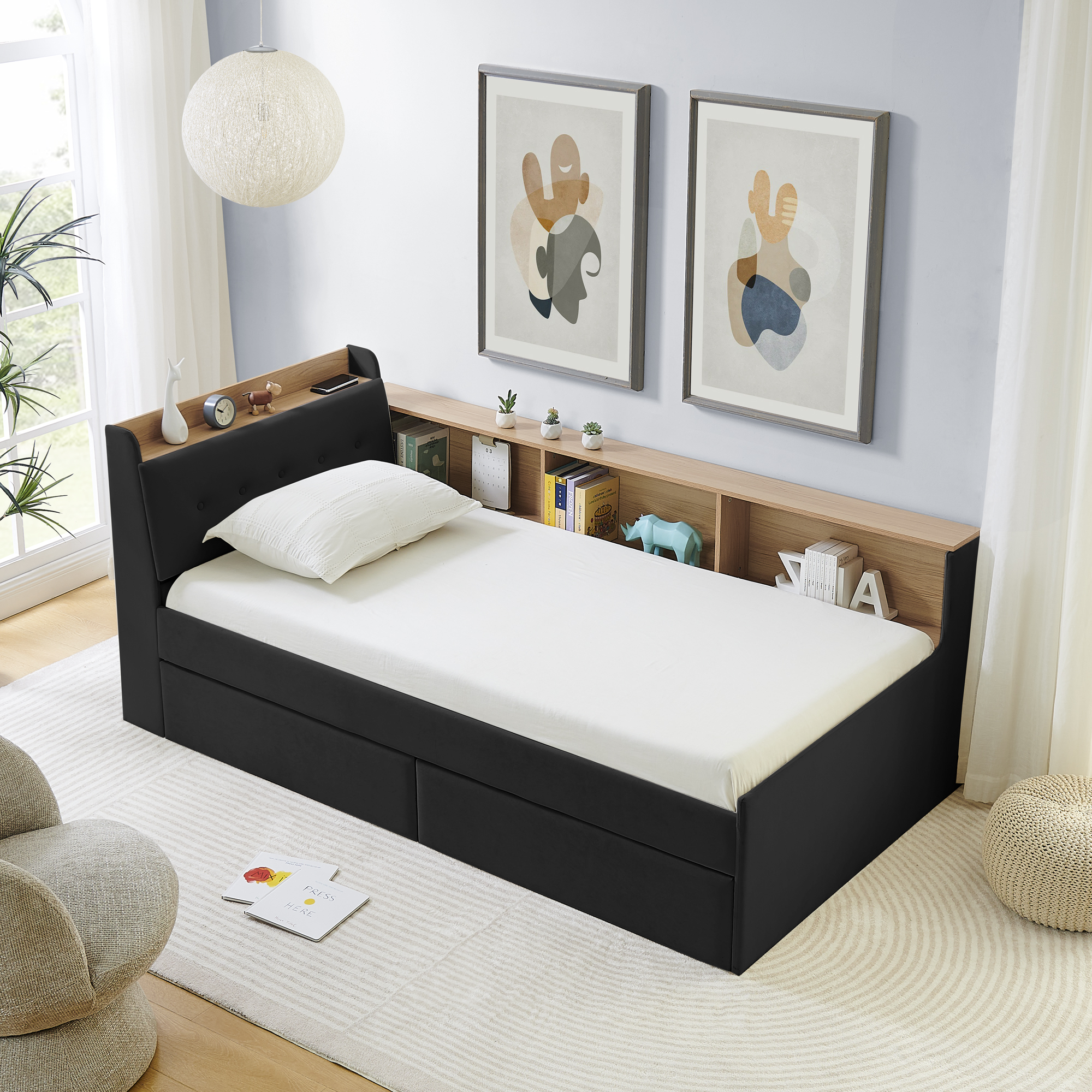 Twin Size Upholstery Velvet Day Bed with Storage Headboard and Wireless Charging, Multi-functional Daybed with Two Storage Drawers & LED Lights, Black - Image 5