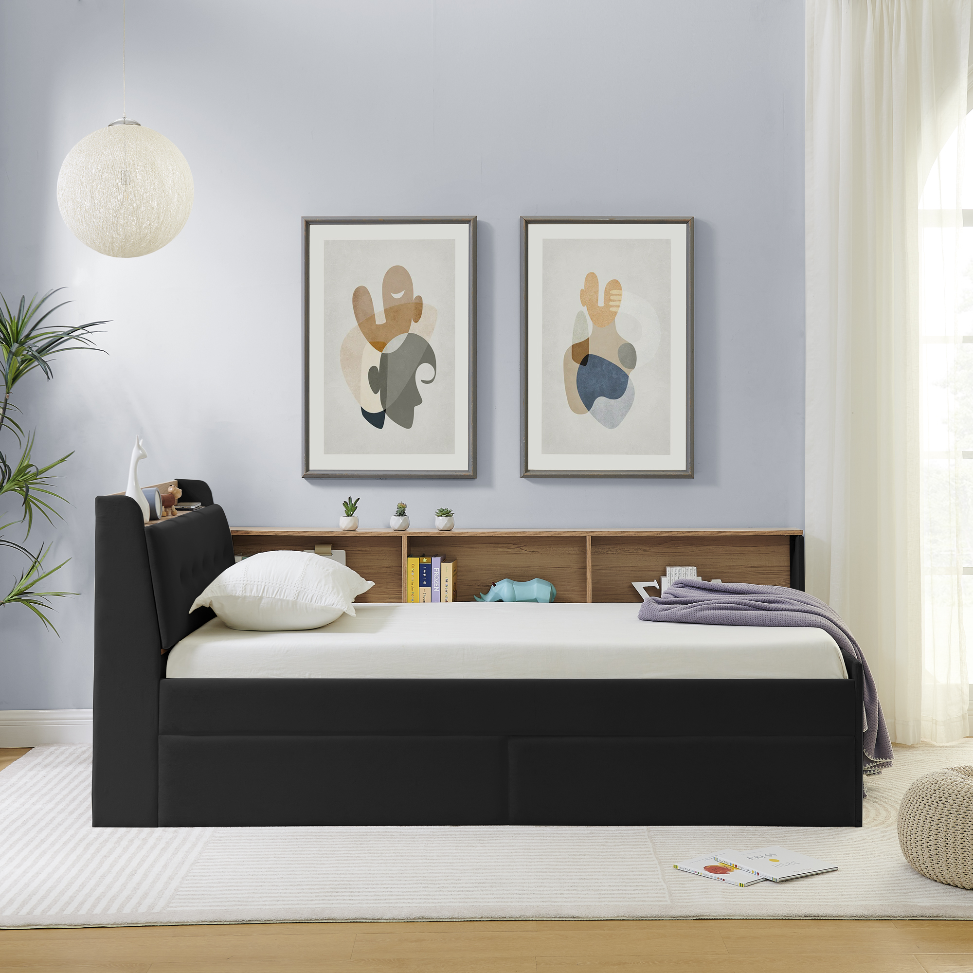 Twin Size Upholstery Velvet Day Bed with Storage Headboard and Wireless Charging, Multi-functional Daybed with Two Storage Drawers & LED Lights, Black - Image 6