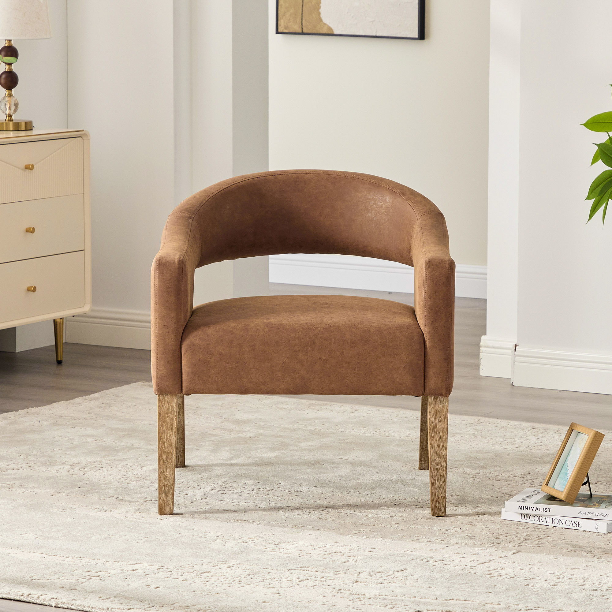 Modern Upholstered PU Open Back Accent Armchair Barrel Dining Chair with Weathered Rubberwood Legs, Hollow-Out Side Club Chair for Living Room Bedroom Restaurant Cafes Dining Room Reception,Brown - Image 2