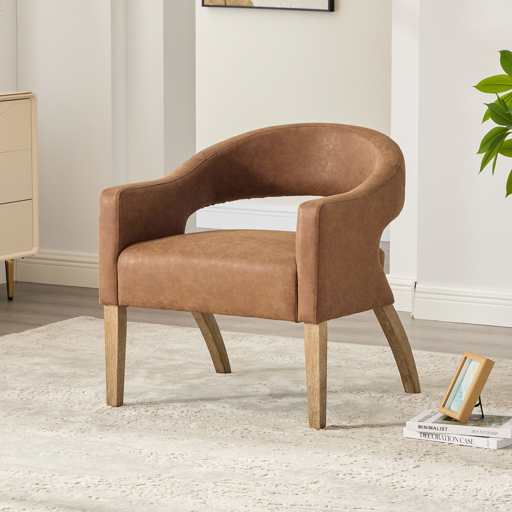 Modern Upholstered PU Open Back Accent Armchair Barrel Dining Chair with Weathered Rubberwood Legs, Hollow-Out Side Club Chair for Living Room Bedroom Restaurant Cafes Dining Room Reception,Brown - Image 3