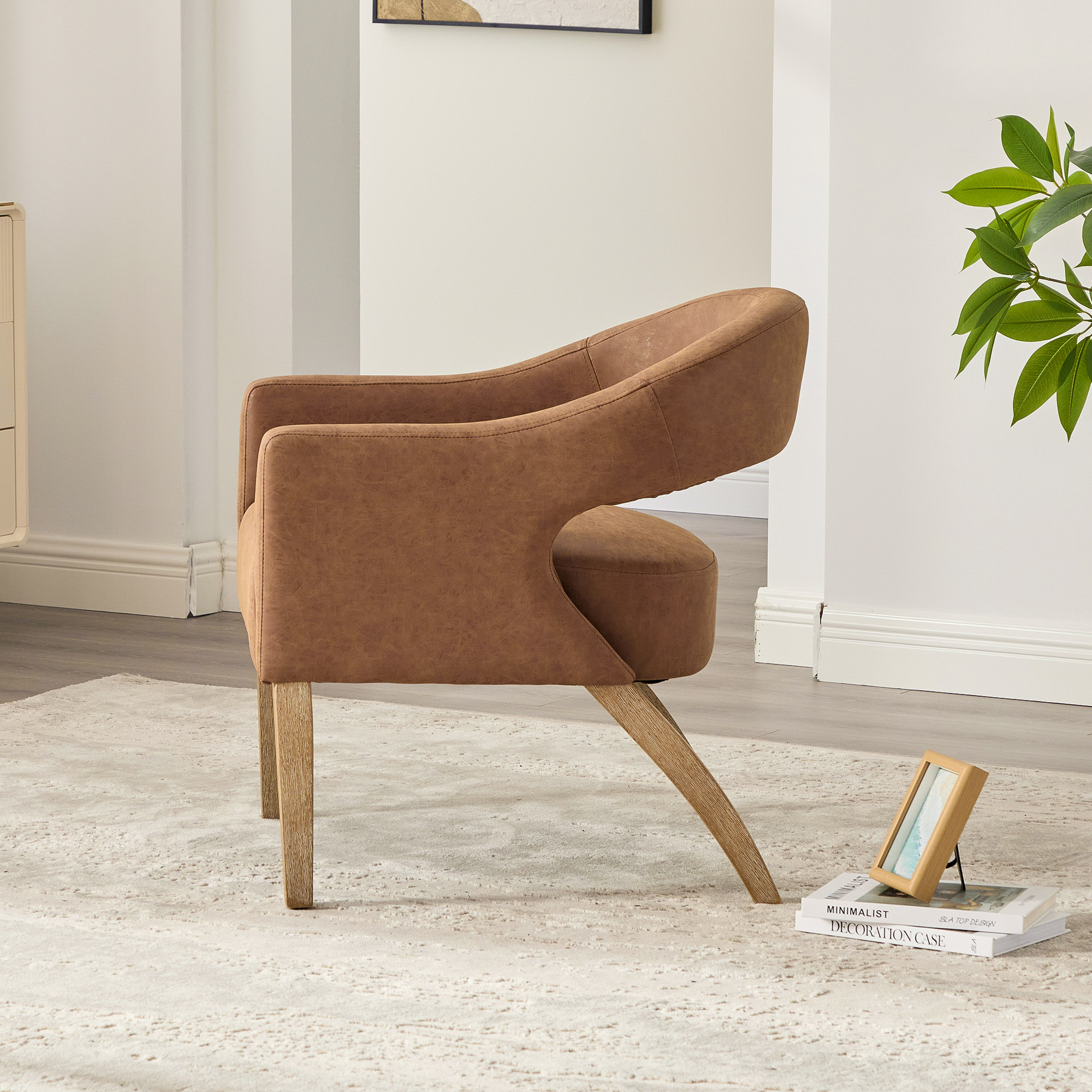 Modern Upholstered PU Open Back Accent Armchair Barrel Dining Chair with Weathered Rubberwood Legs, Hollow-Out Side Club Chair for Living Room Bedroom Restaurant Cafes Dining Room Reception,Brown - Image 5