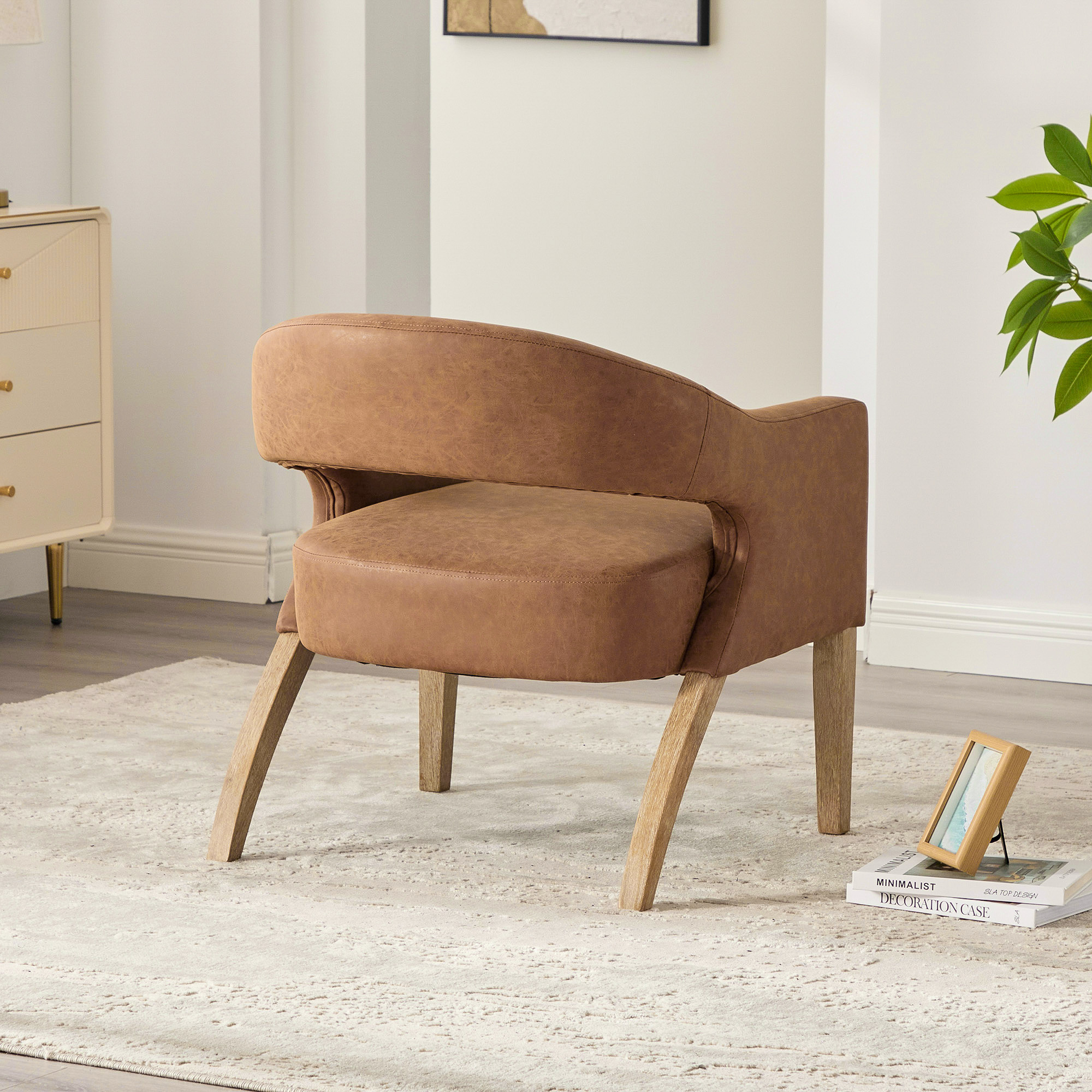 Modern Upholstered PU Open Back Accent Armchair Barrel Dining Chair with Weathered Rubberwood Legs, Hollow-Out Side Club Chair for Living Room Bedroom Restaurant Cafes Dining Room Reception,Brown - Image 6