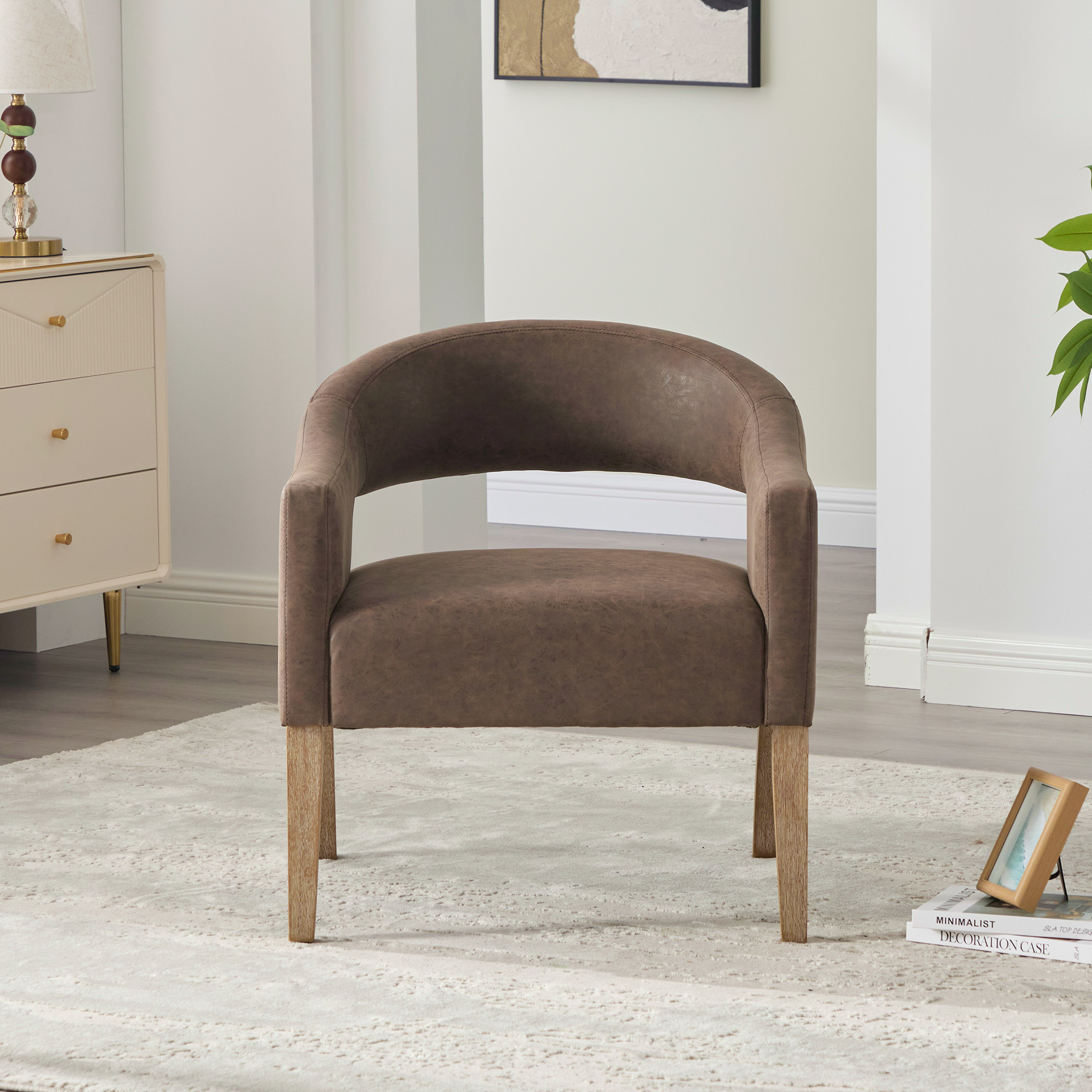 Modern Upholstered PU Open Back Accent Armchair Barrel Dining Chair with Weathered Rubberwood Legs, Hollow-Out Side Club Chair for Living Room Bedroom Restaurant Cafes Dining Room Reception,Coffee - Image 2