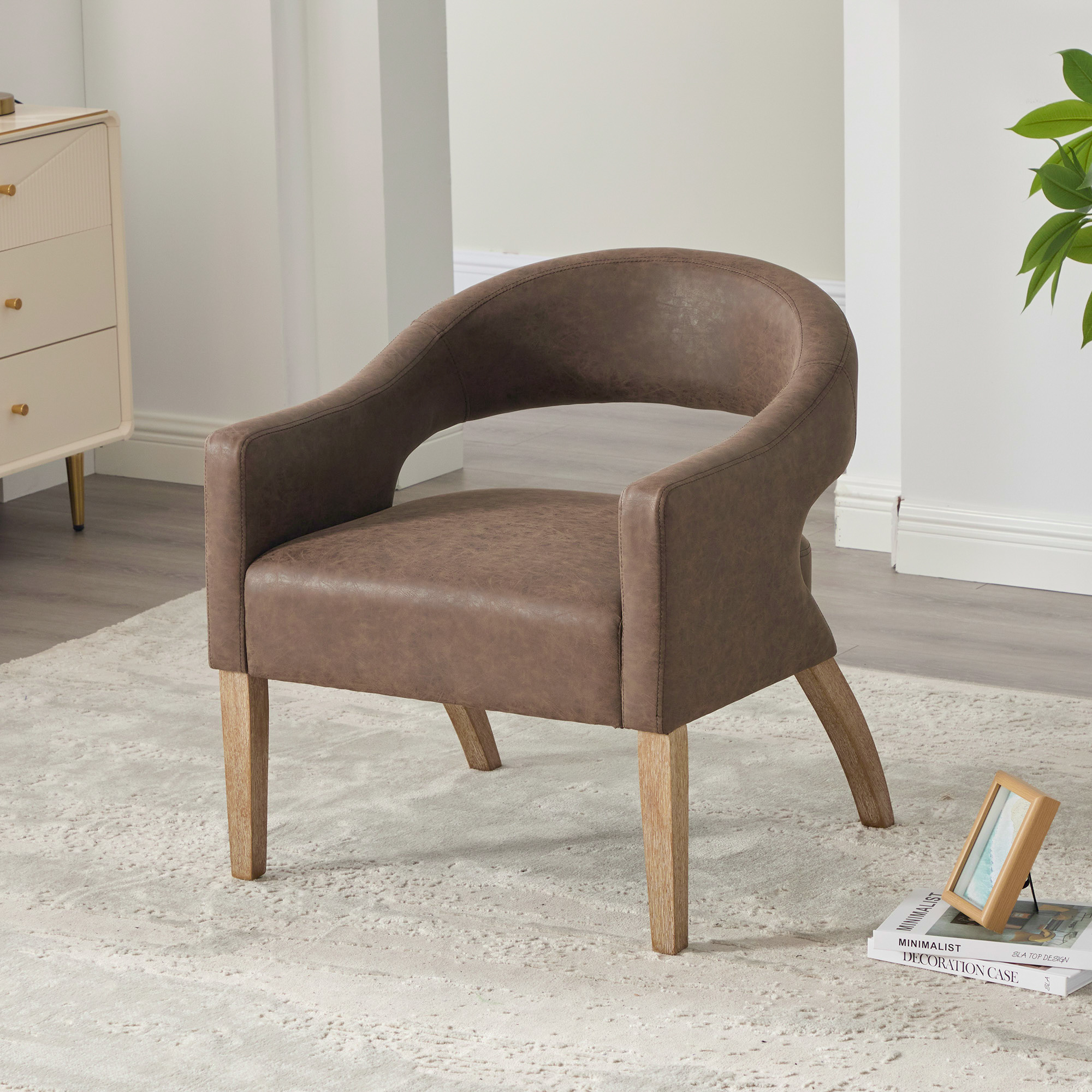 Modern Upholstered PU Open Back Accent Armchair Barrel Dining Chair with Weathered Rubberwood Legs, Hollow-Out Side Club Chair for Living Room Bedroom Restaurant Cafes Dining Room Reception,Coffee - Image 3