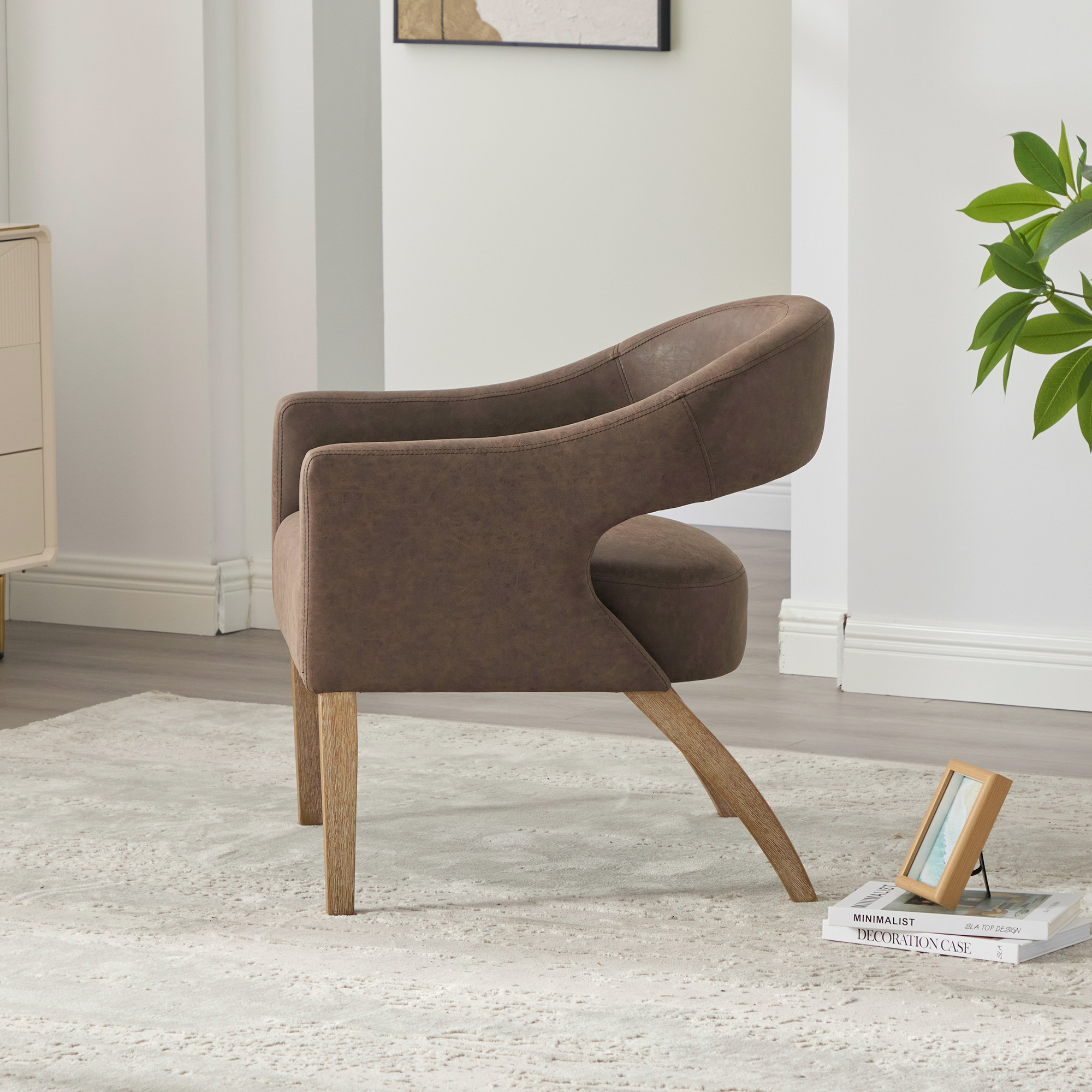 Modern Upholstered PU Open Back Accent Armchair Barrel Dining Chair with Weathered Rubberwood Legs, Hollow-Out Side Club Chair for Living Room Bedroom Restaurant Cafes Dining Room Reception,Coffee - Image 5